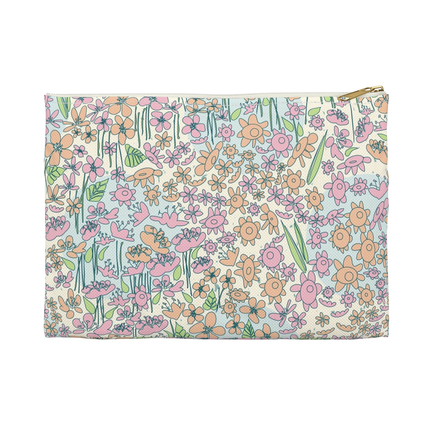 Orange and Pink Flowers on Blue Dot Accessory Pouch