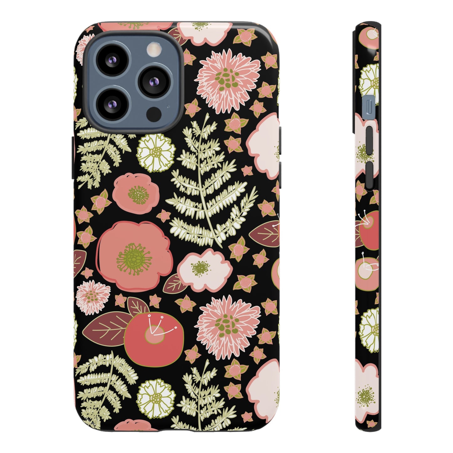 Coral Flowers on Black Tough Cases for iPhone