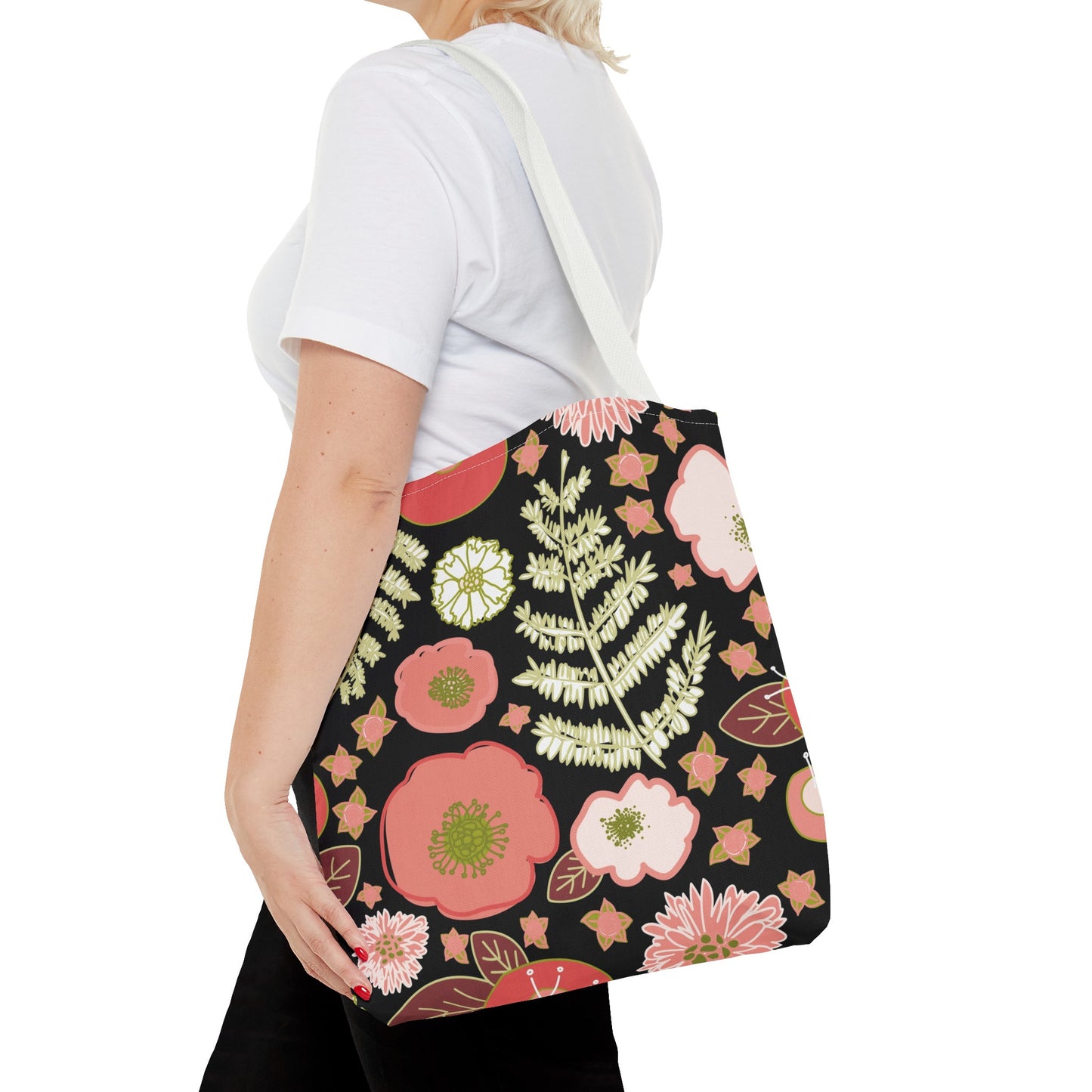 Coral Flowers on Black Tote Bag