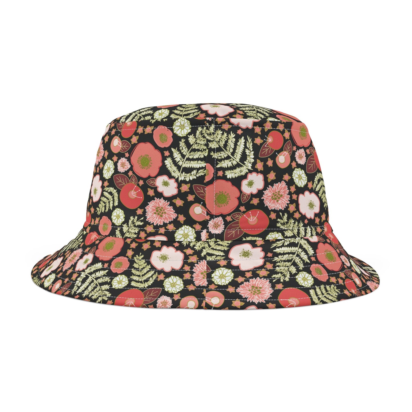 Coral Flowers on Black Bucket Hat