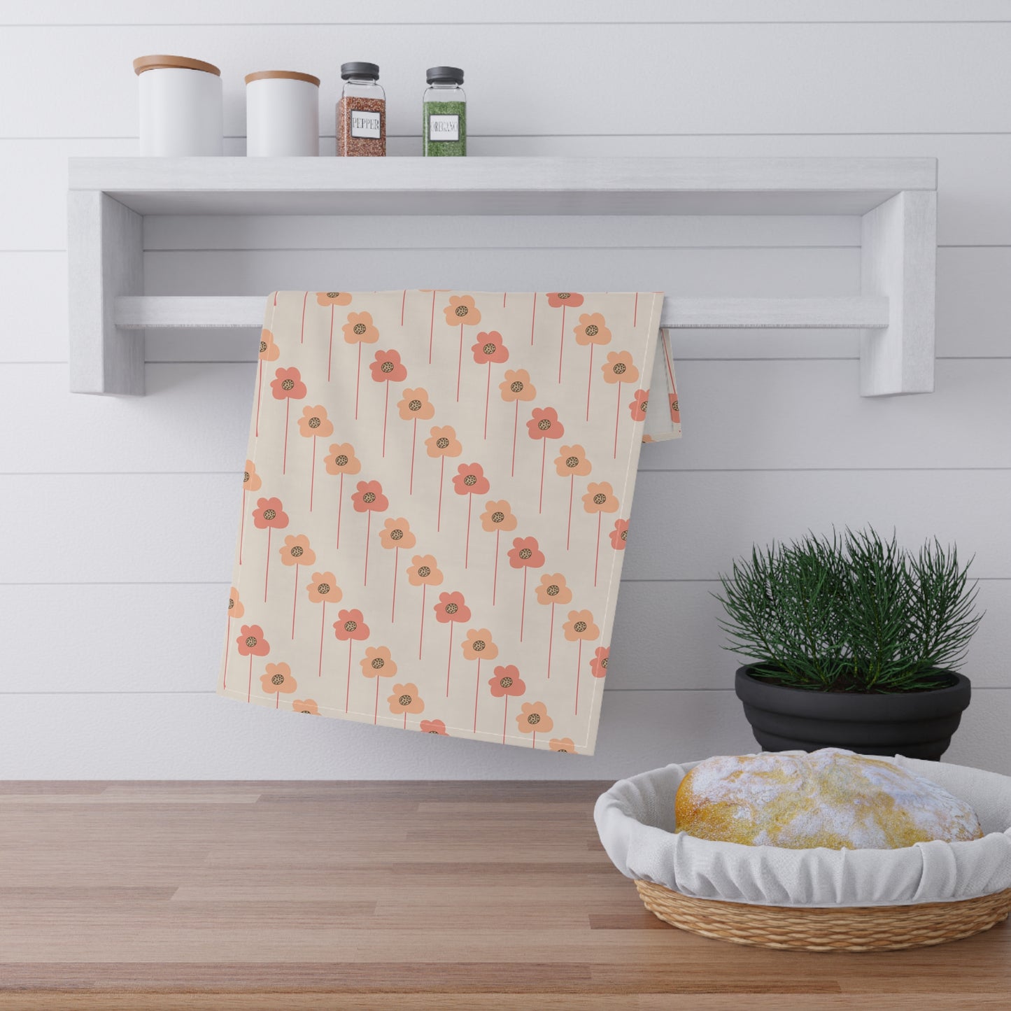 Peach and Coral Wildflowers on Cream Kitchen Towel