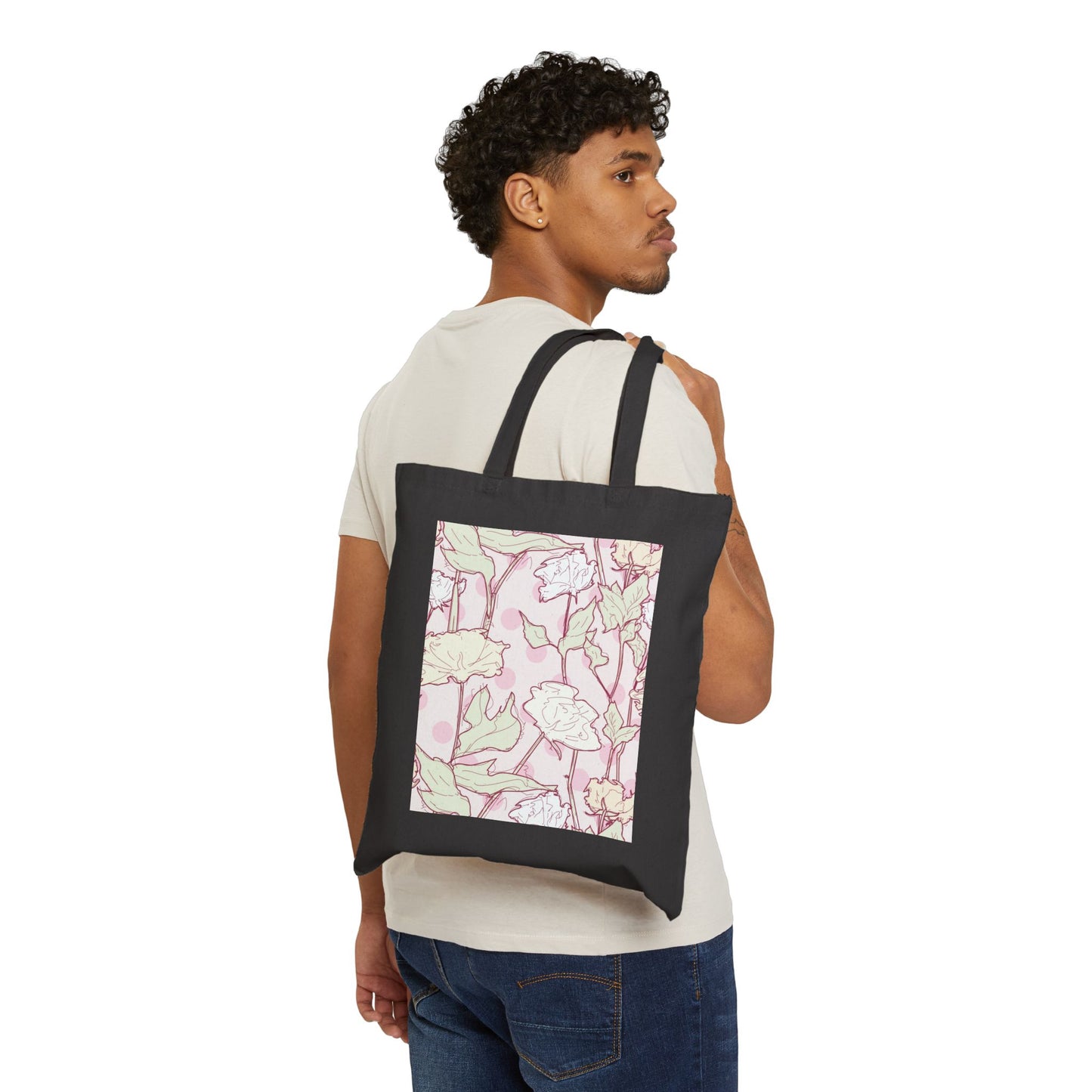 Roses and Dots in Pink Cotton Canvas Tote Bag