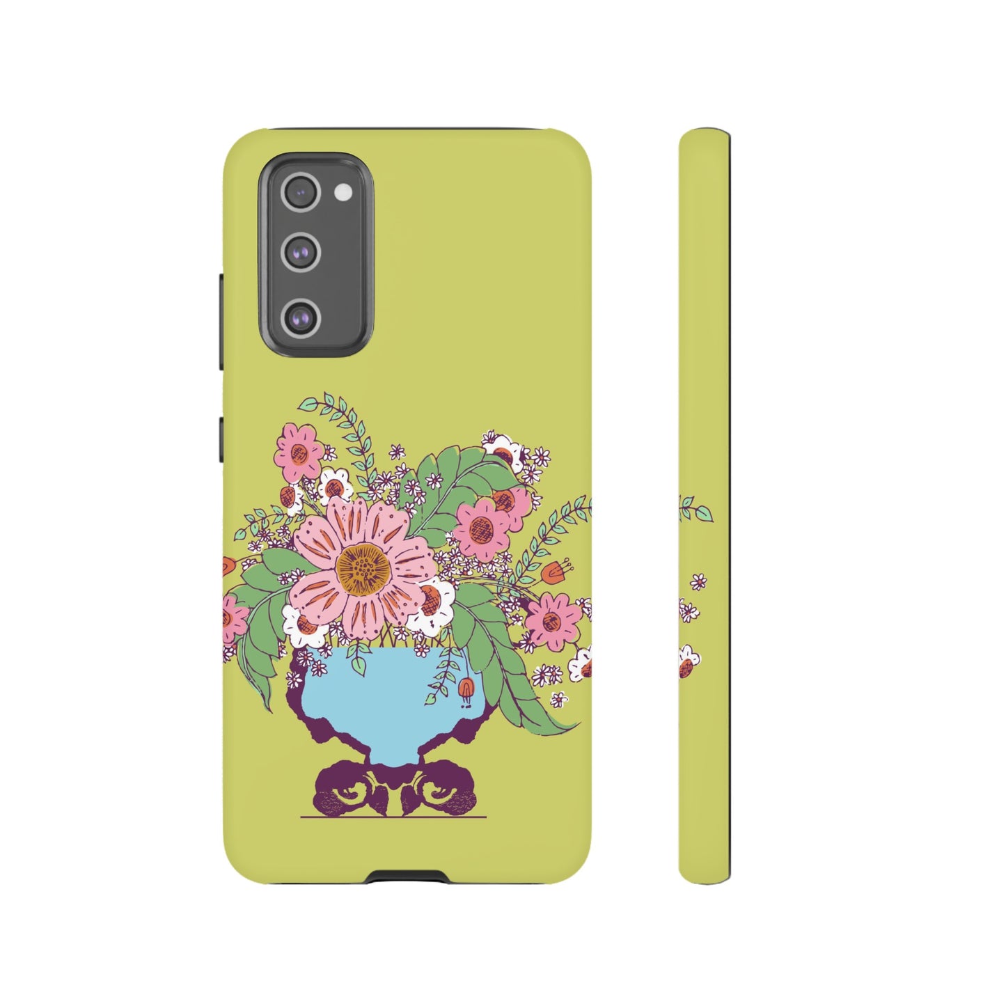 Cheerful Watercolor Flowers in Vase on Bright Green Tough Cases for Samsung