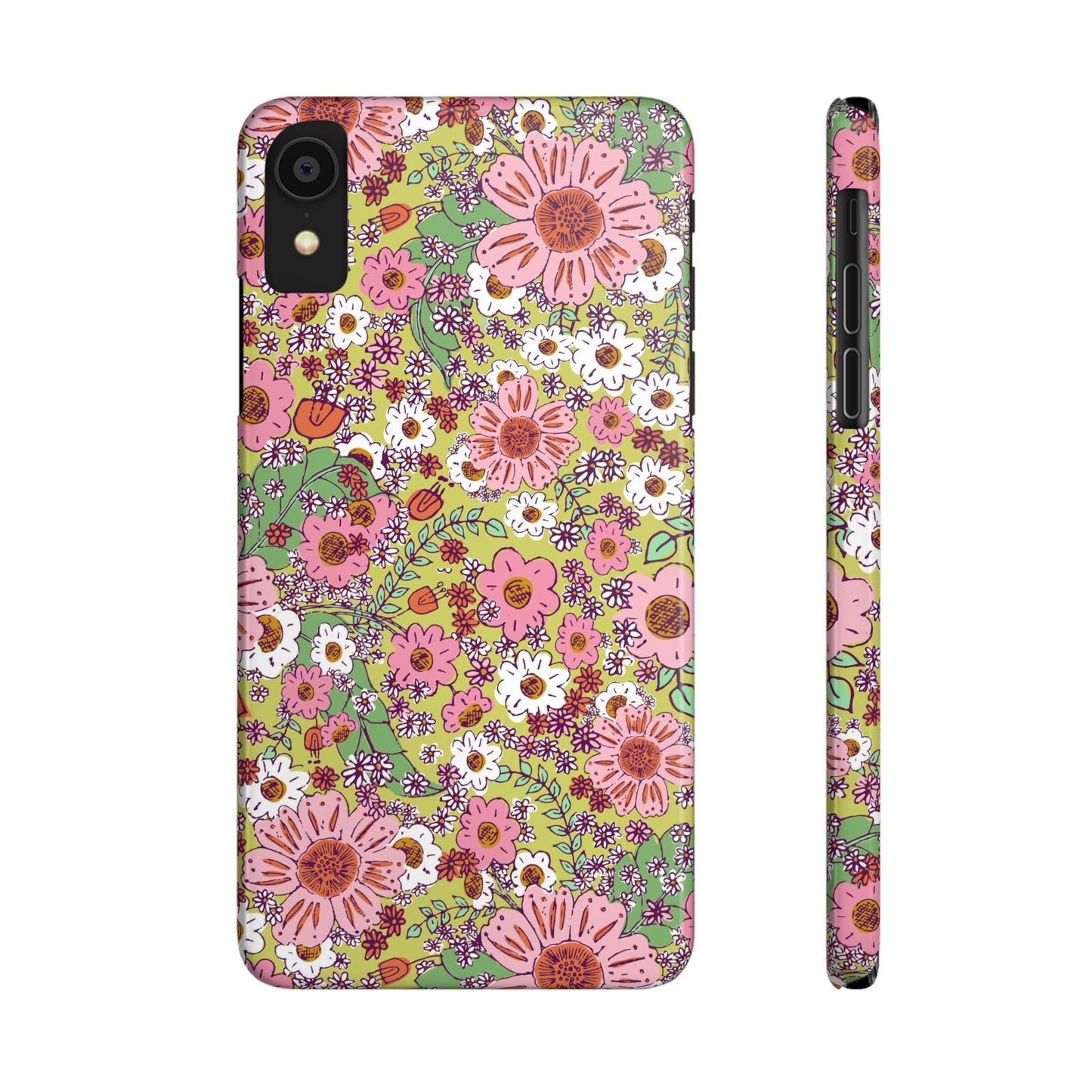 Cheerful Watercolor Flowers on Bright Green Slim Phone Cases