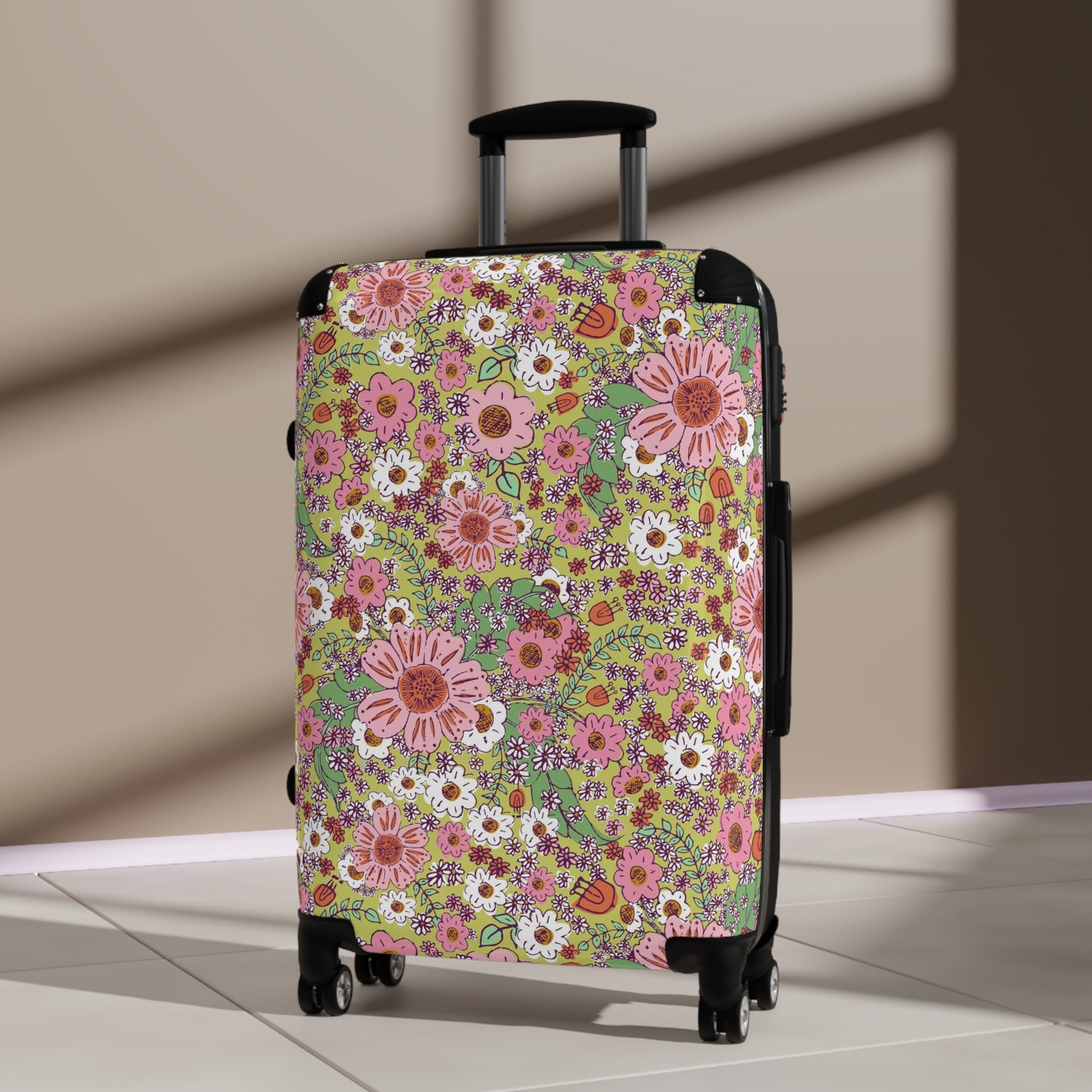 Cheerful Watercolor Flowers on Bright Green Suitcase