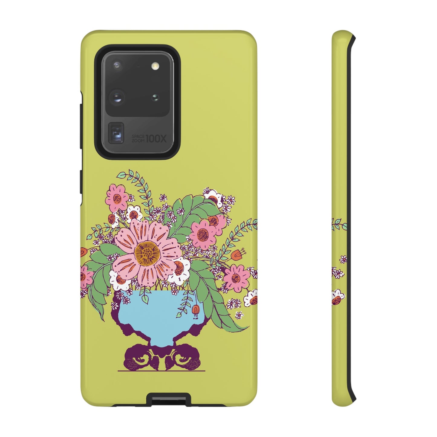 Cheerful Watercolor Flowers in Vase on Bright Green Tough Cases for Samsung