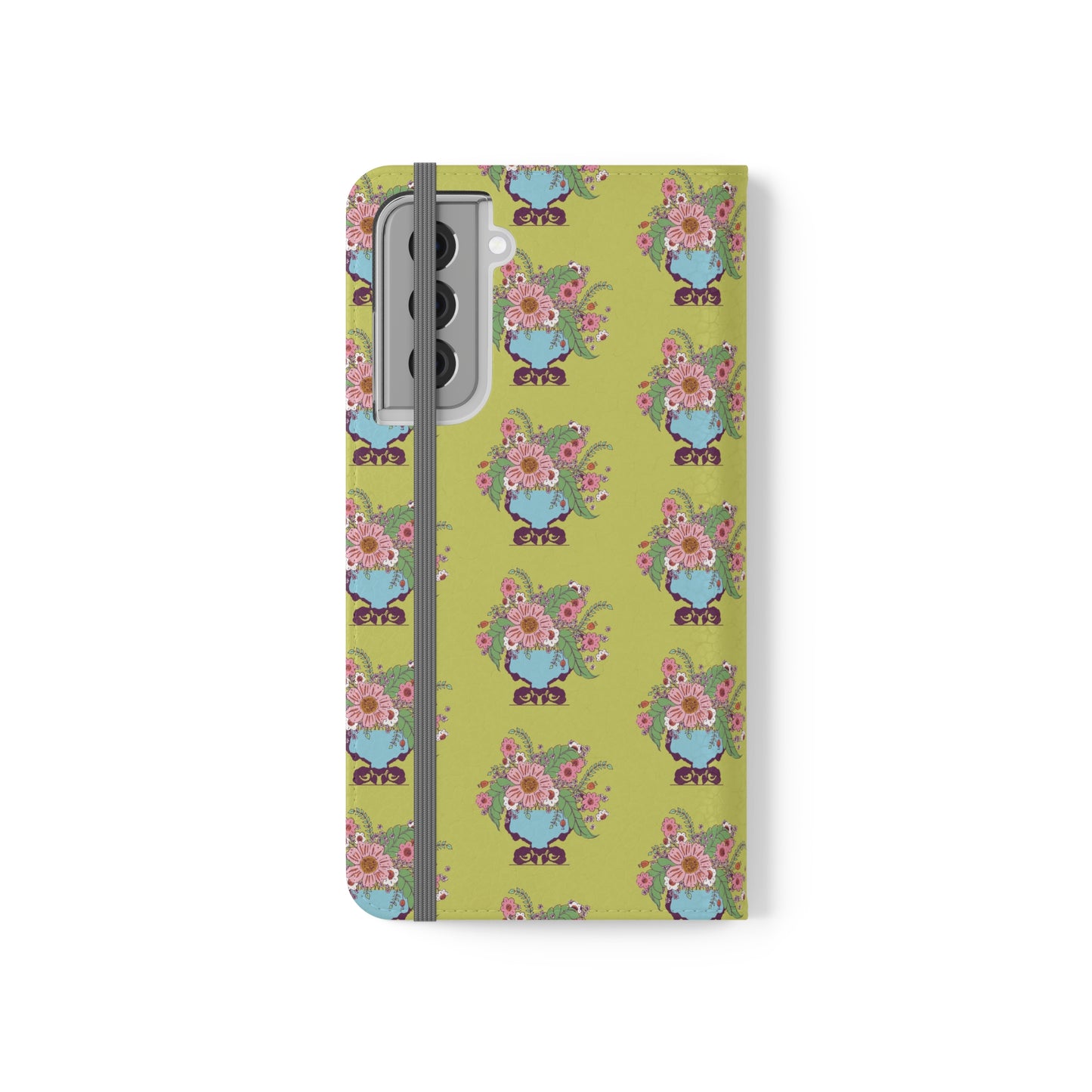 Cheerful Watercolor Flowers in Vase on Bright Green Flip Cases for Samsung