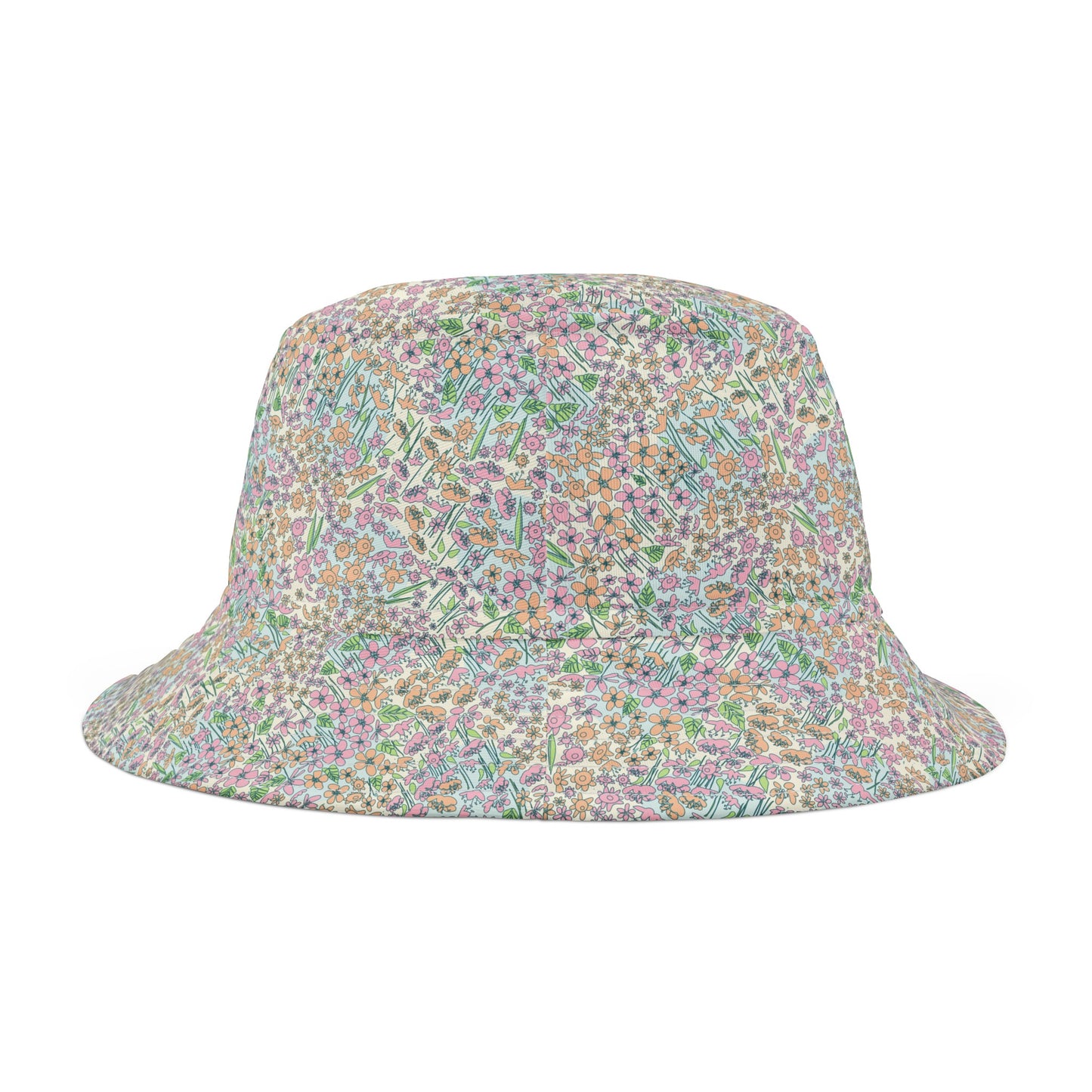 Orange and Pink Flowers on Blue Dot Bucket Hat