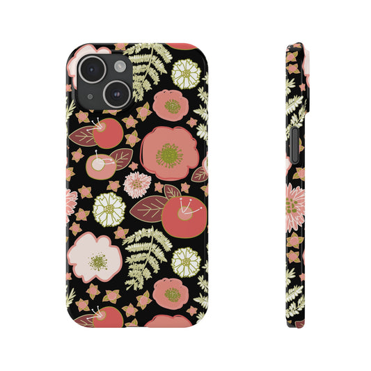 Coral Flowers on Black Slim Phone Cases