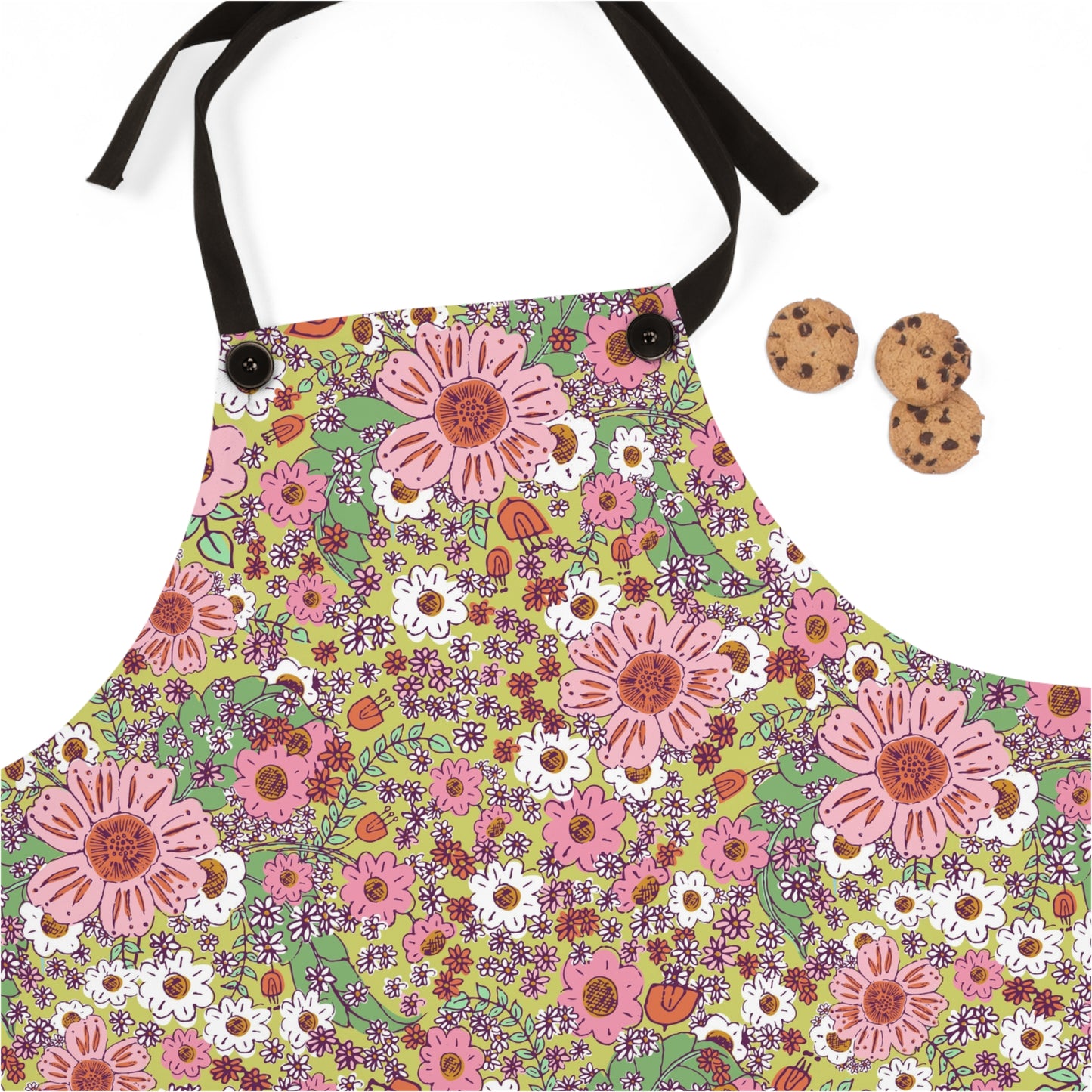 Cheerful Watercolor Flowers on Bright Green Apron