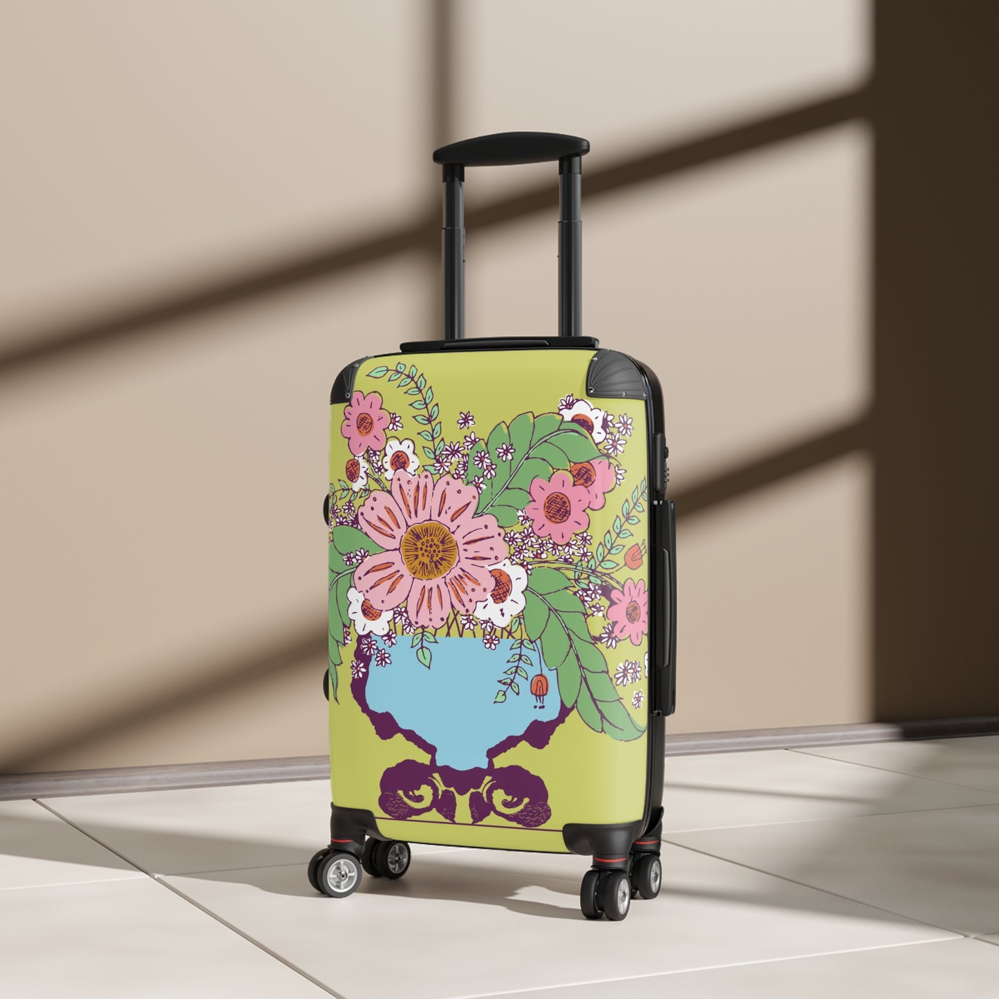 Cheerful Watercolor Flowers in Vase on Bright Green Suitcase