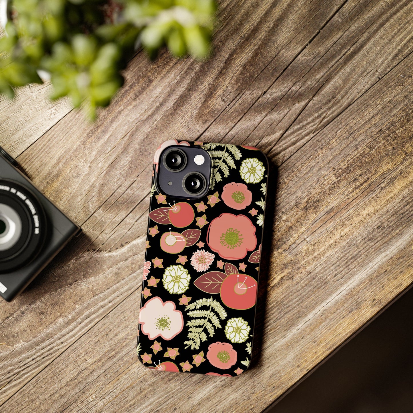 Coral Flowers on Black Slim Phone Cases