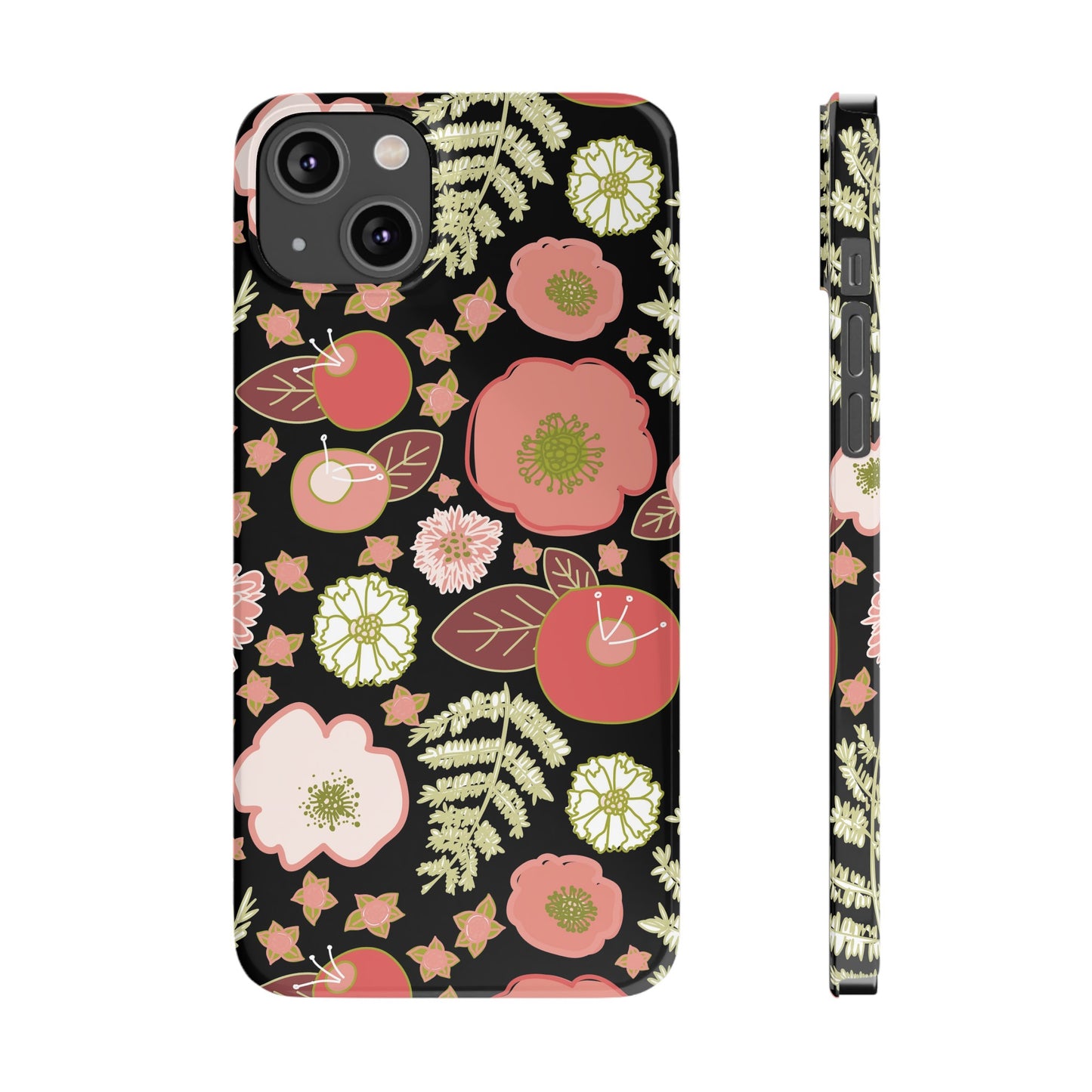 Coral Flowers on Black Slim Phone Cases