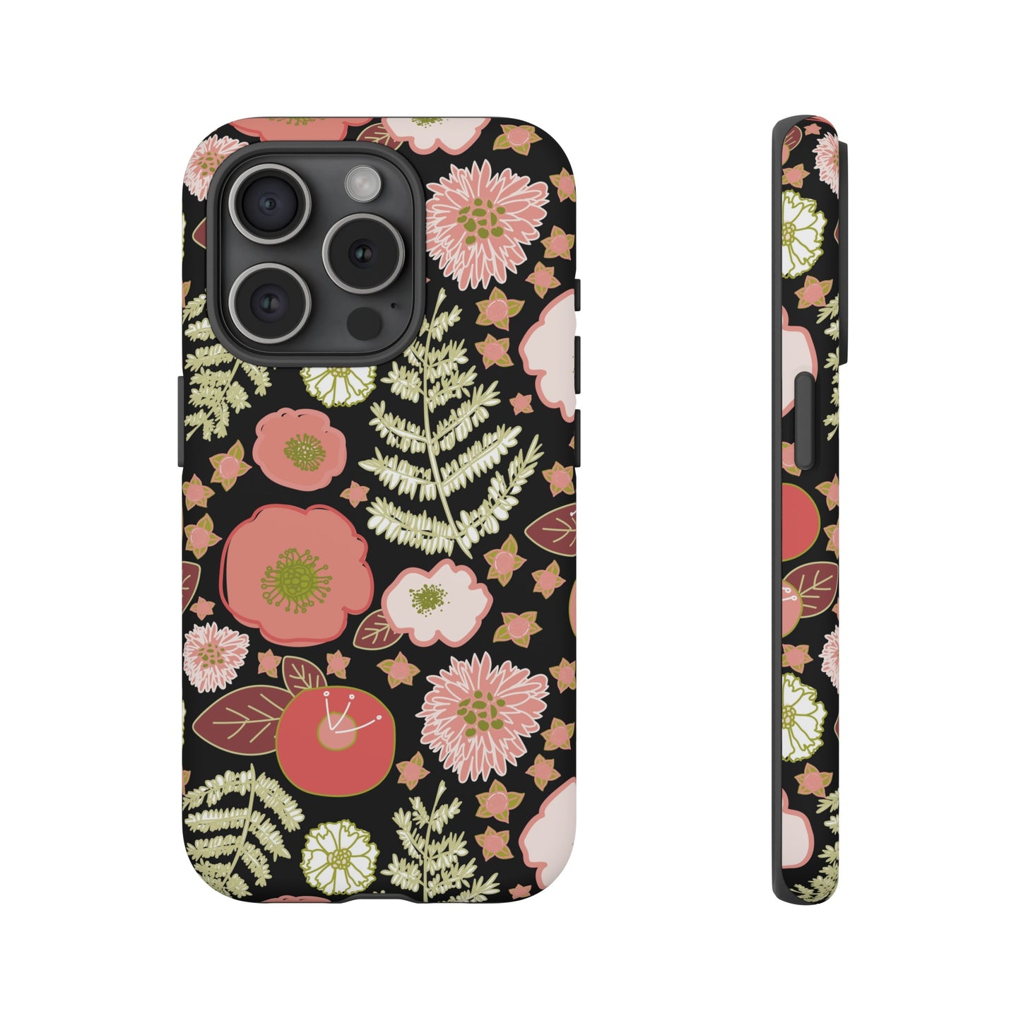 Coral Flowers on Black Tough Cases for iPhone