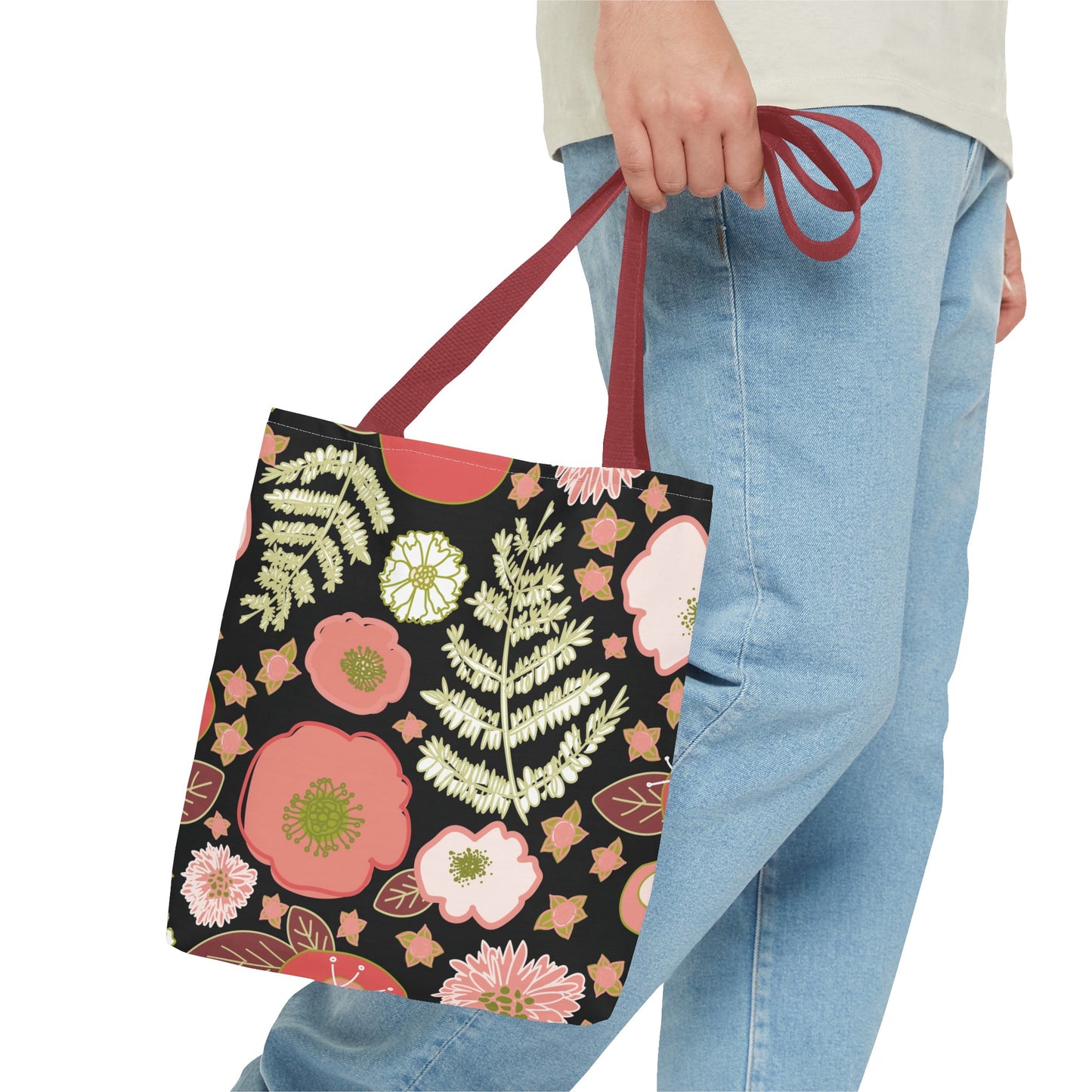 Coral Flowers on Black Tote Bag