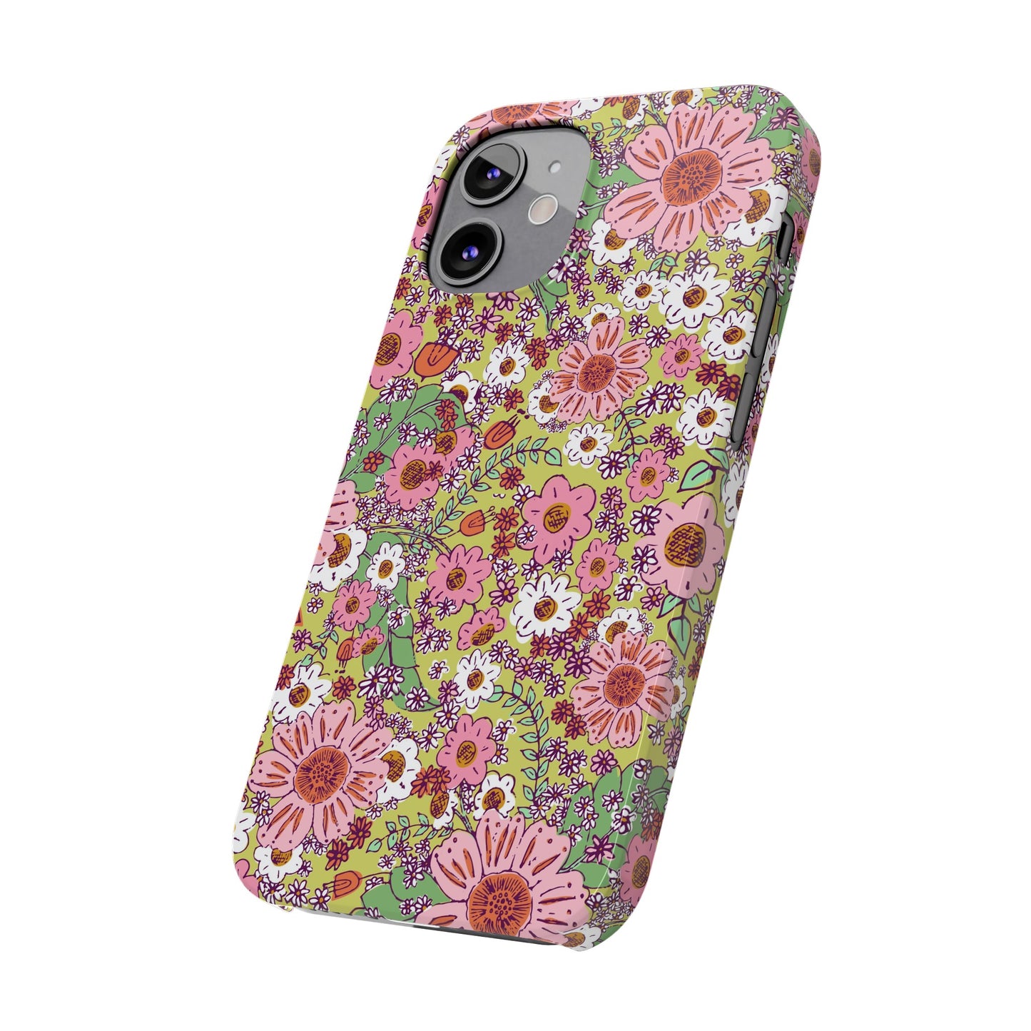 Cheerful Watercolor Flowers on Bright Green Slim Phone Cases