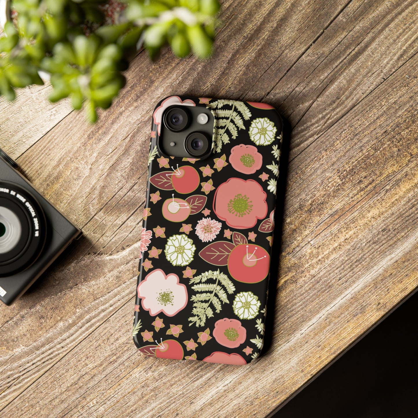 Coral Flowers on Black Slim Phone Cases