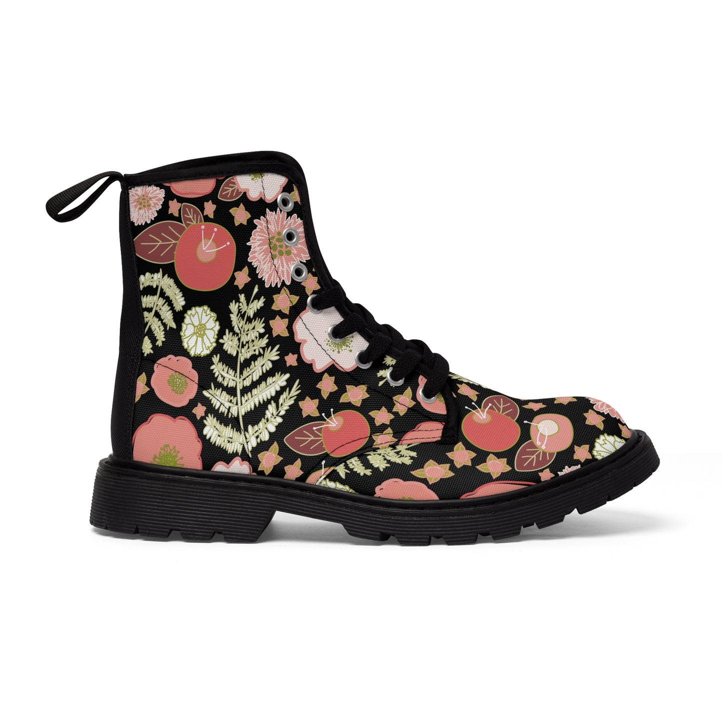Coral Flowers on Black Women's Canvas Boots