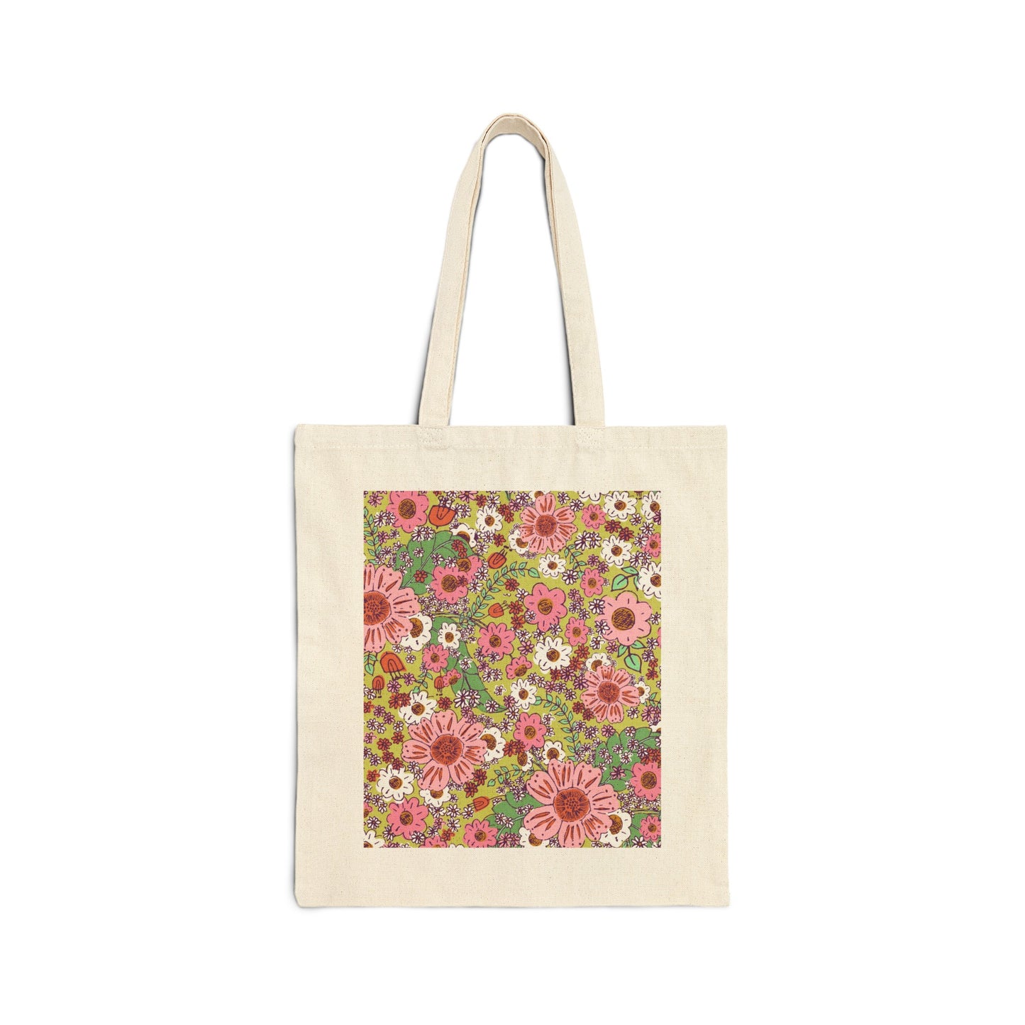 Cheerful Watercolor Floral on Bright Green Cotton Canvas Tote Bag