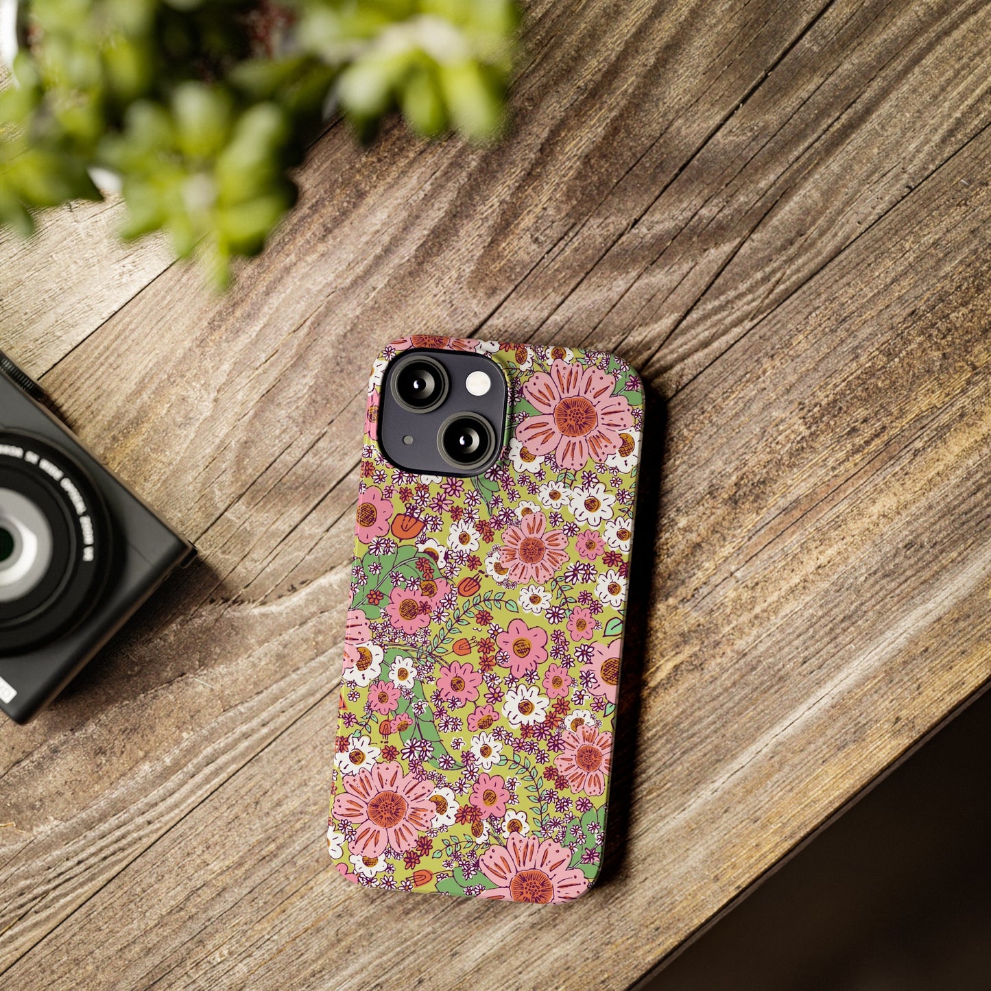 Cheerful Watercolor Flowers on Bright Green Slim Phone Cases