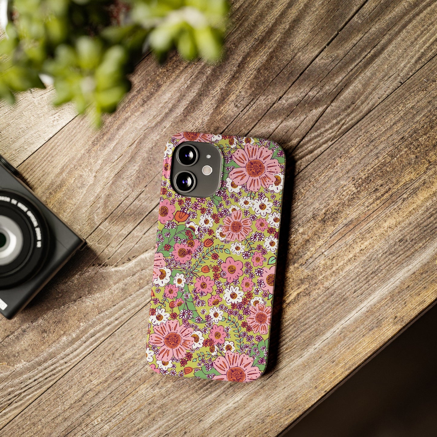 Cheerful Watercolor Flowers on Bright Green Slim Phone Cases