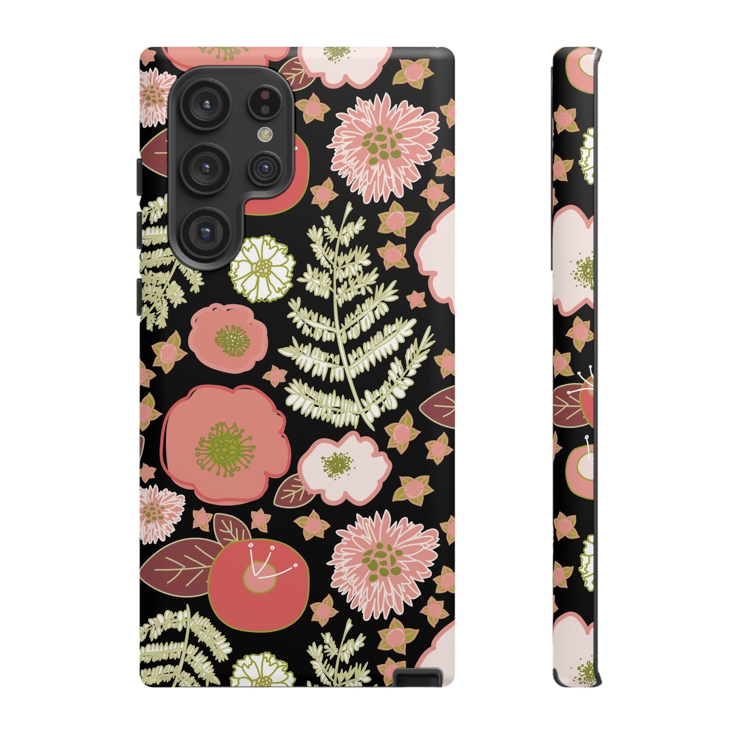 Coral Flowers on Black Tough Cases for Samsung