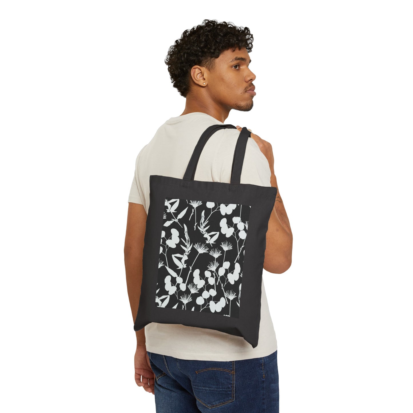 Black and White Floral Cotton Canvas Tote Bag