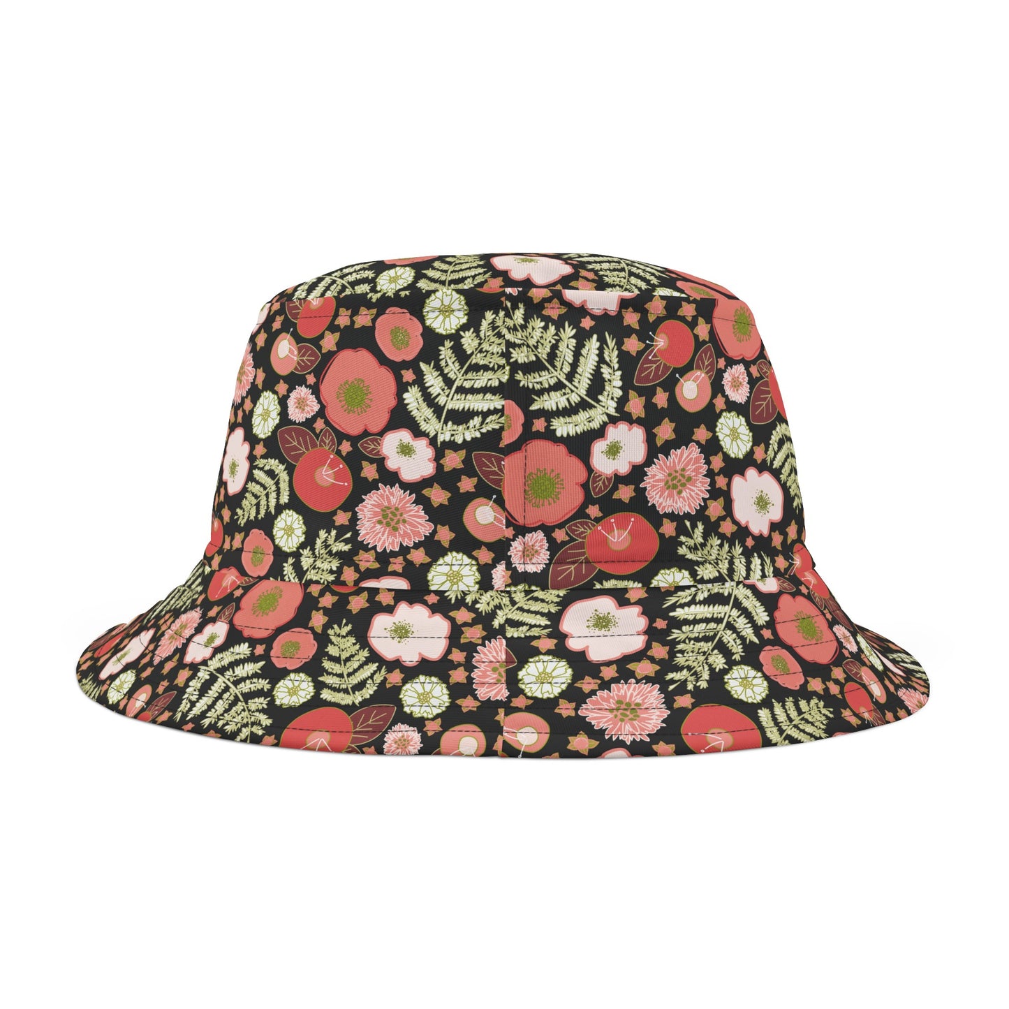 Coral Flowers on Black Bucket Hat