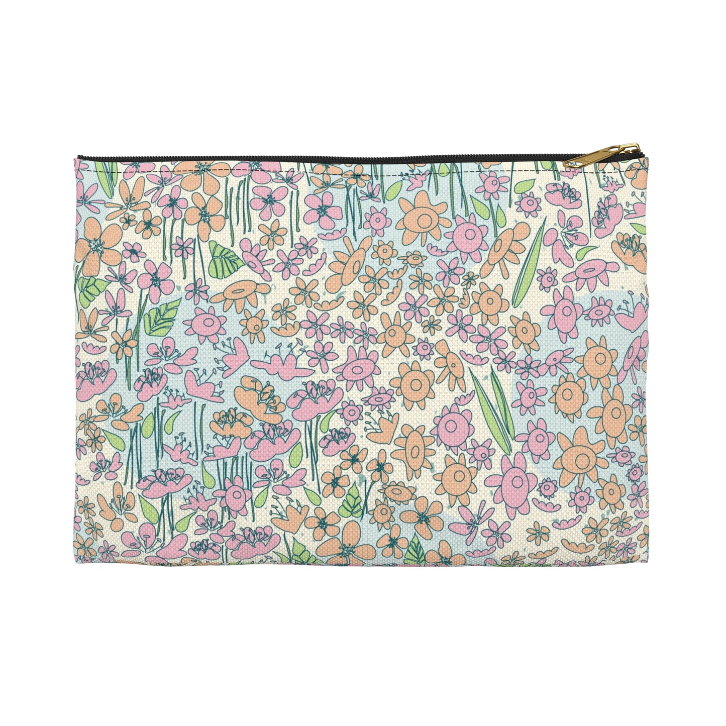 Orange and Pink Flowers on Blue Dot Accessory Pouch