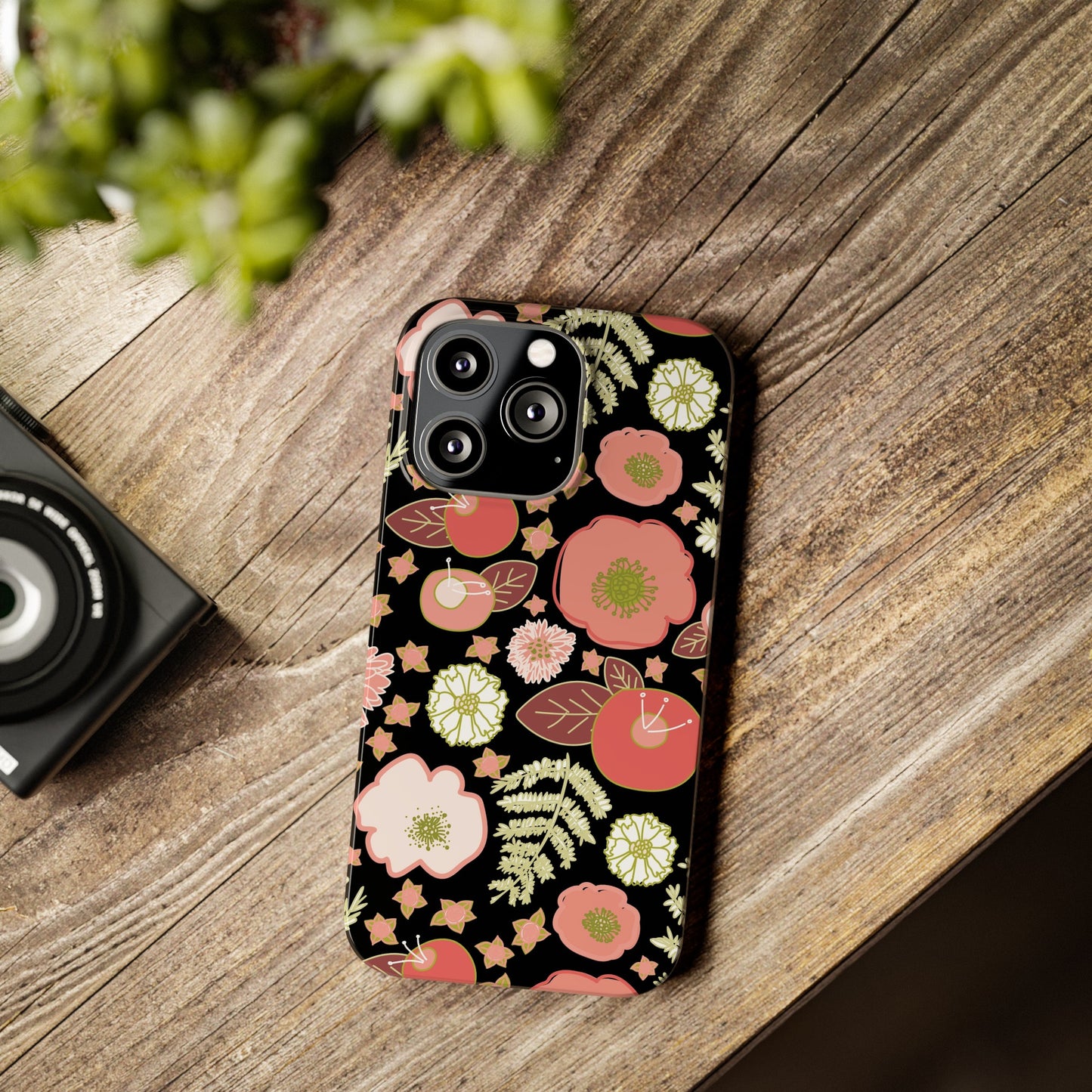 Coral Flowers on Black Slim Phone Cases