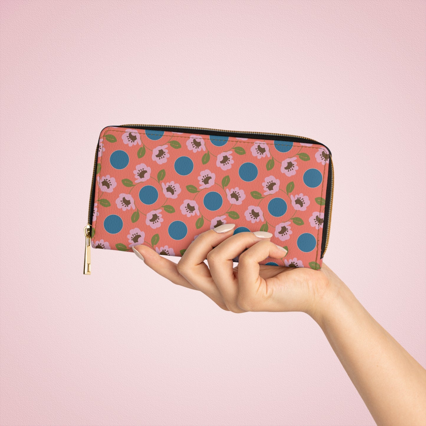 Wildflowers with Dots in Coral and Blue Zipper Wallet