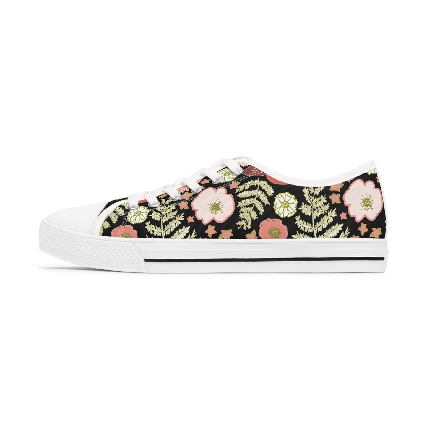 Coral Flowers on Black Women's Low Top Sneakers