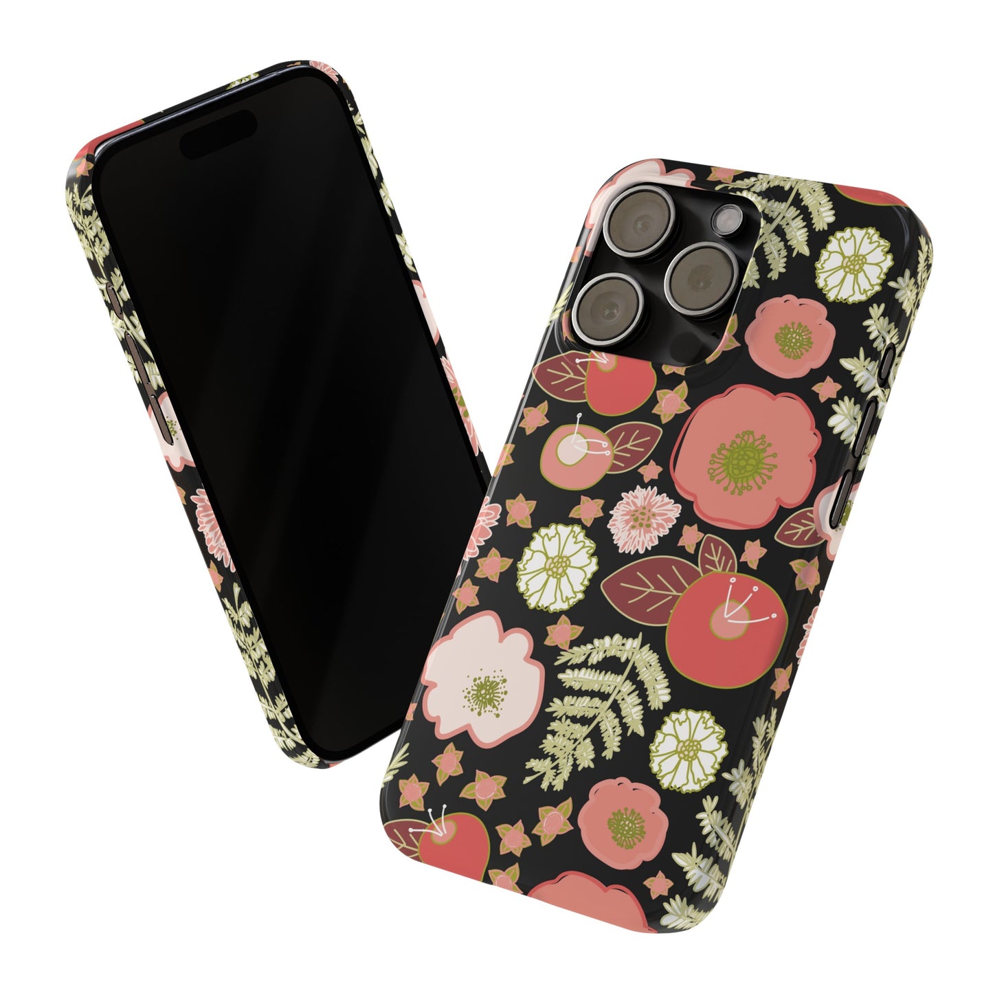 Coral Flowers on Black Slim Phone Cases