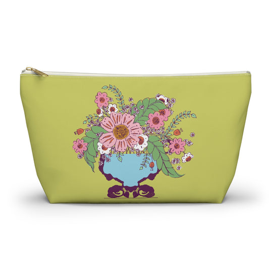 Cheerful Watercolor Flowers in Vase on Bright Green Accessory Pouch w T-bottom