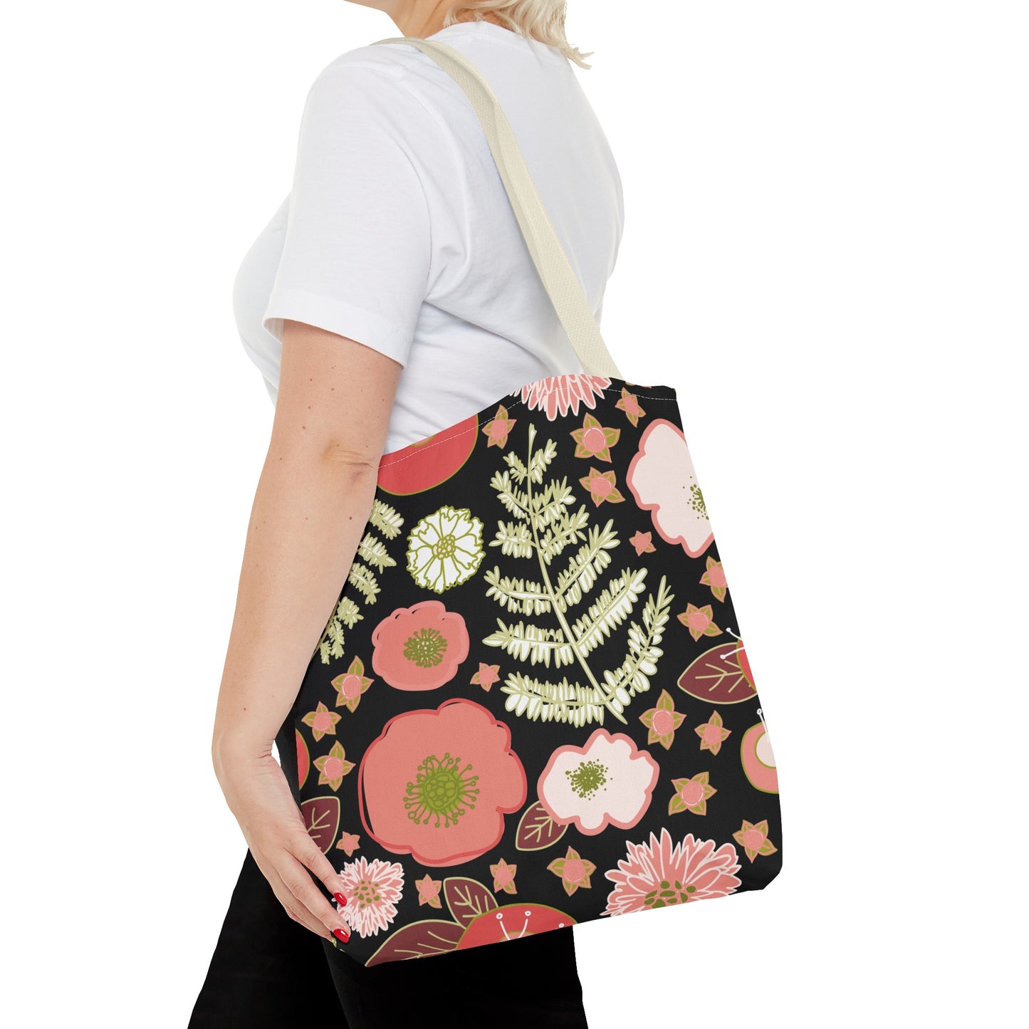 Coral Flowers on Black Tote Bag