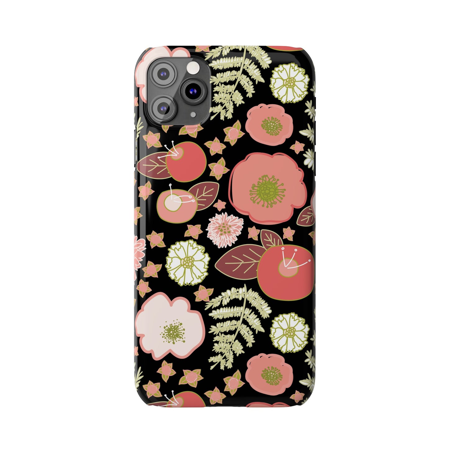 Coral Flowers on Black Slim Phone Cases