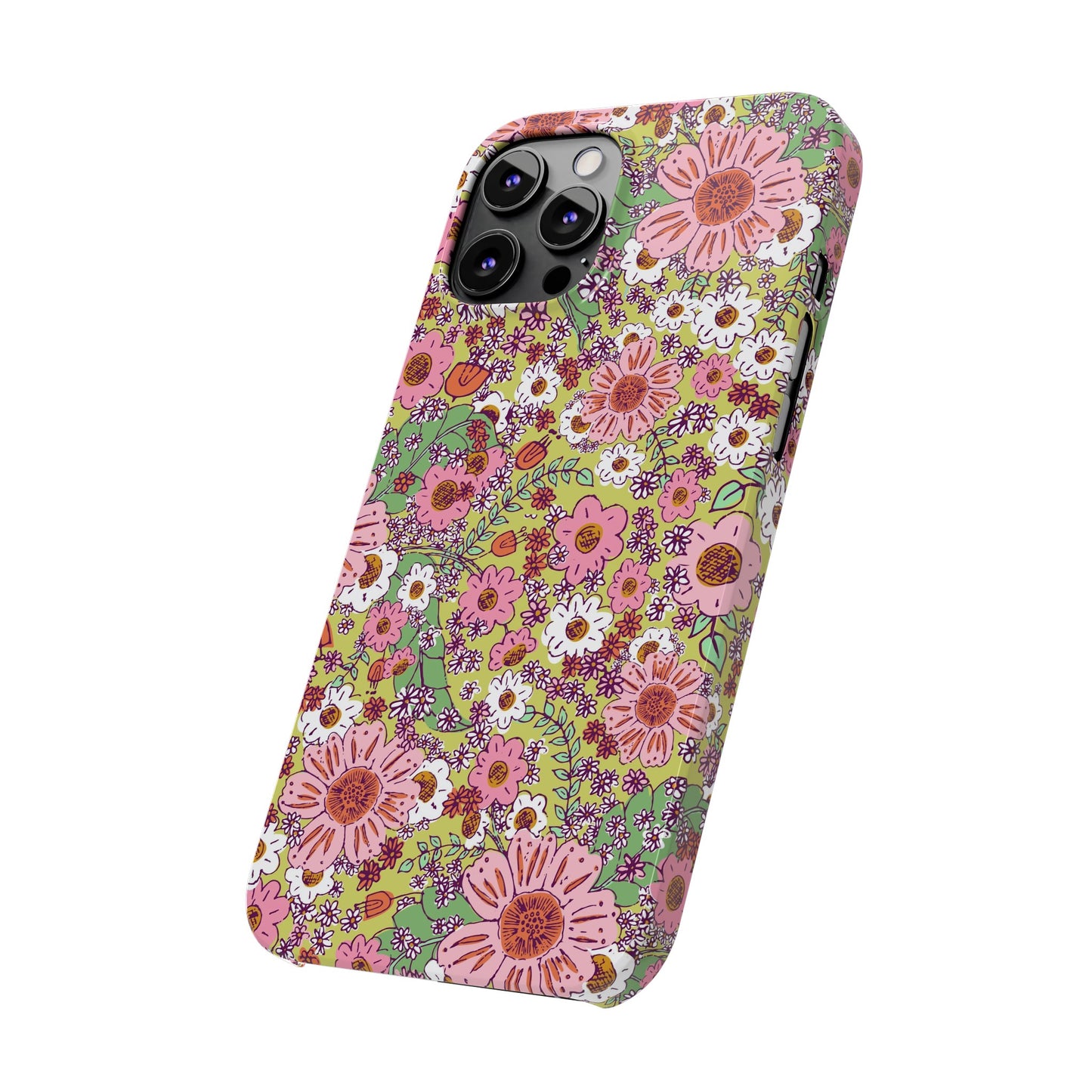 Cheerful Watercolor Flowers on Bright Green Slim Phone Cases