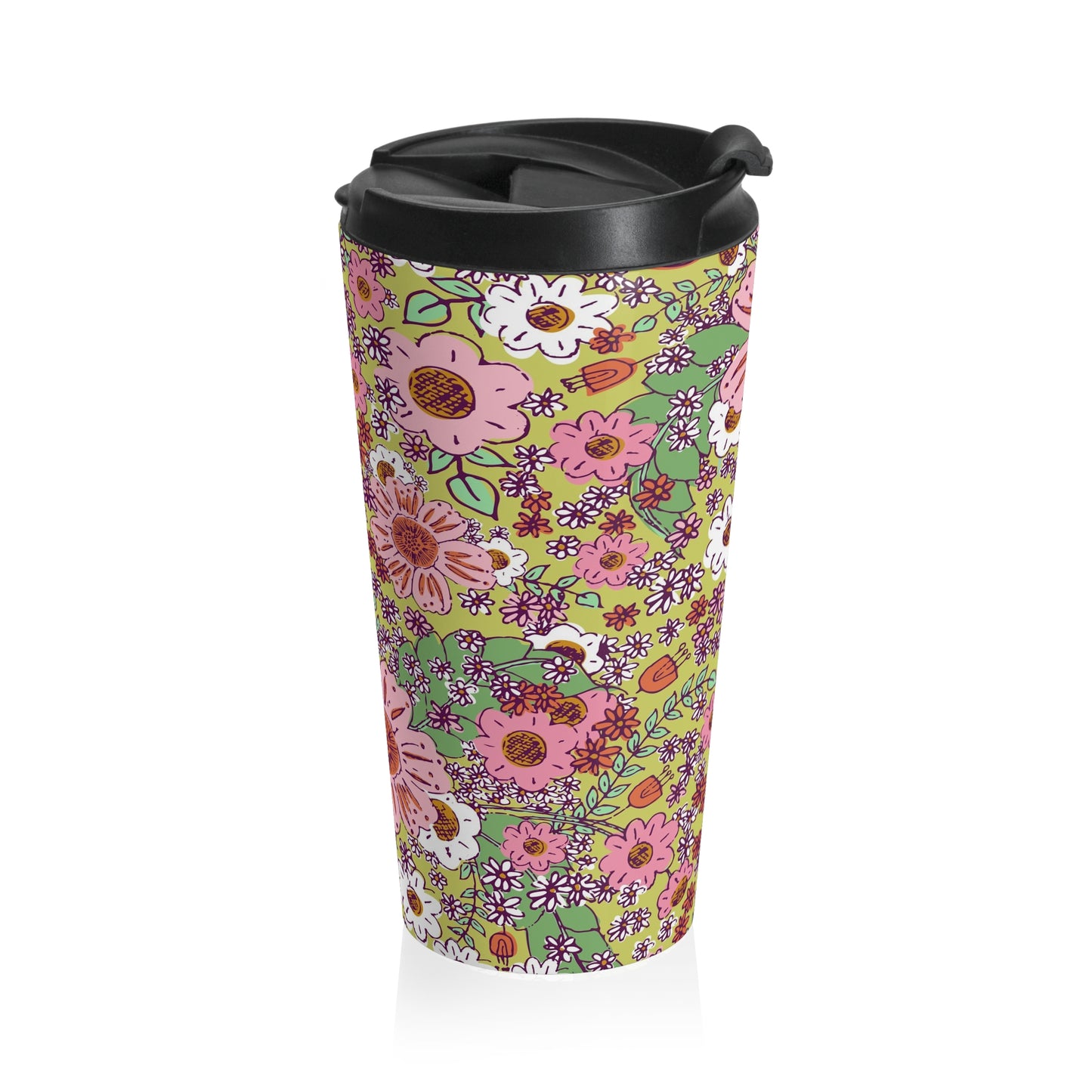 Cheerful Watercolor Flowers on Bright Green Stainless Steel Travel Mug