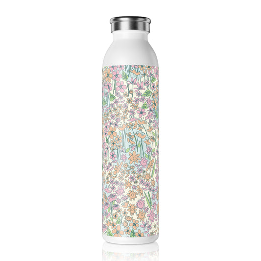 Orange and Pink Flowers on Blue Dot Slim Water Bottle