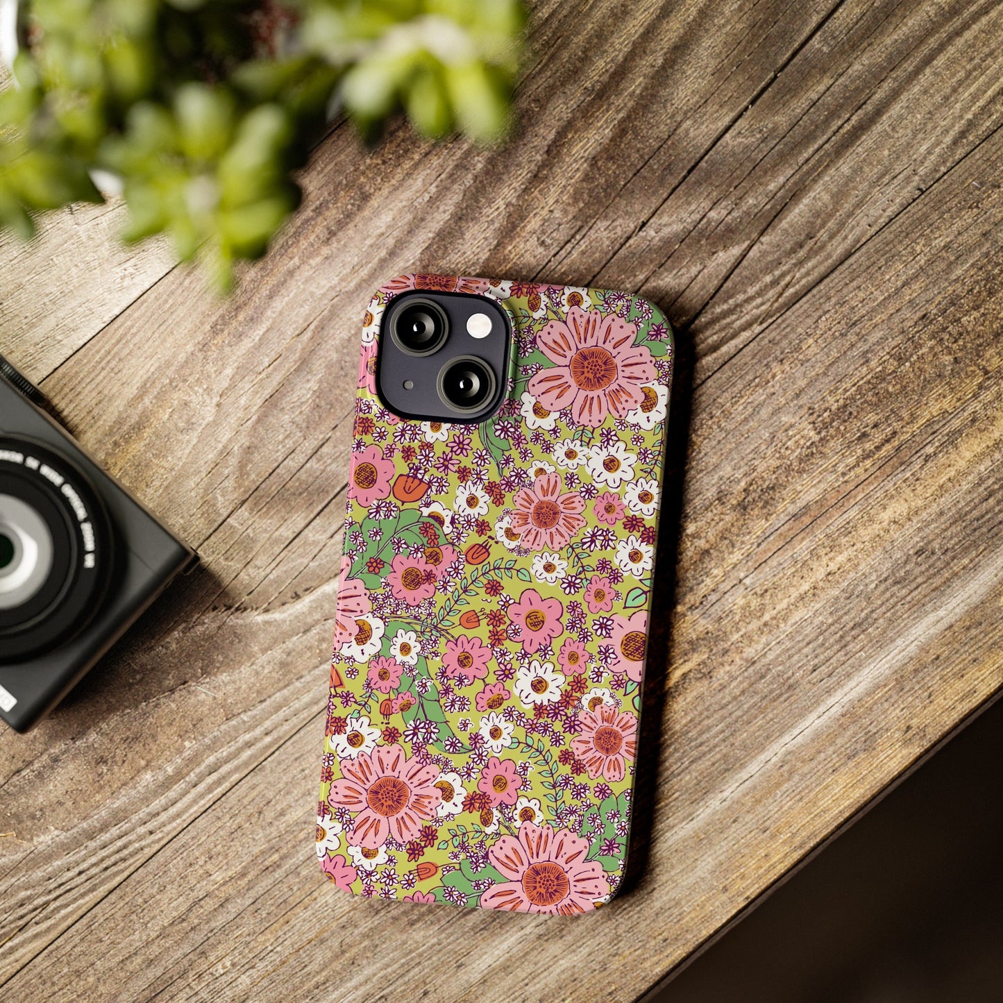 Cheerful Watercolor Flowers on Bright Green Slim Phone Cases