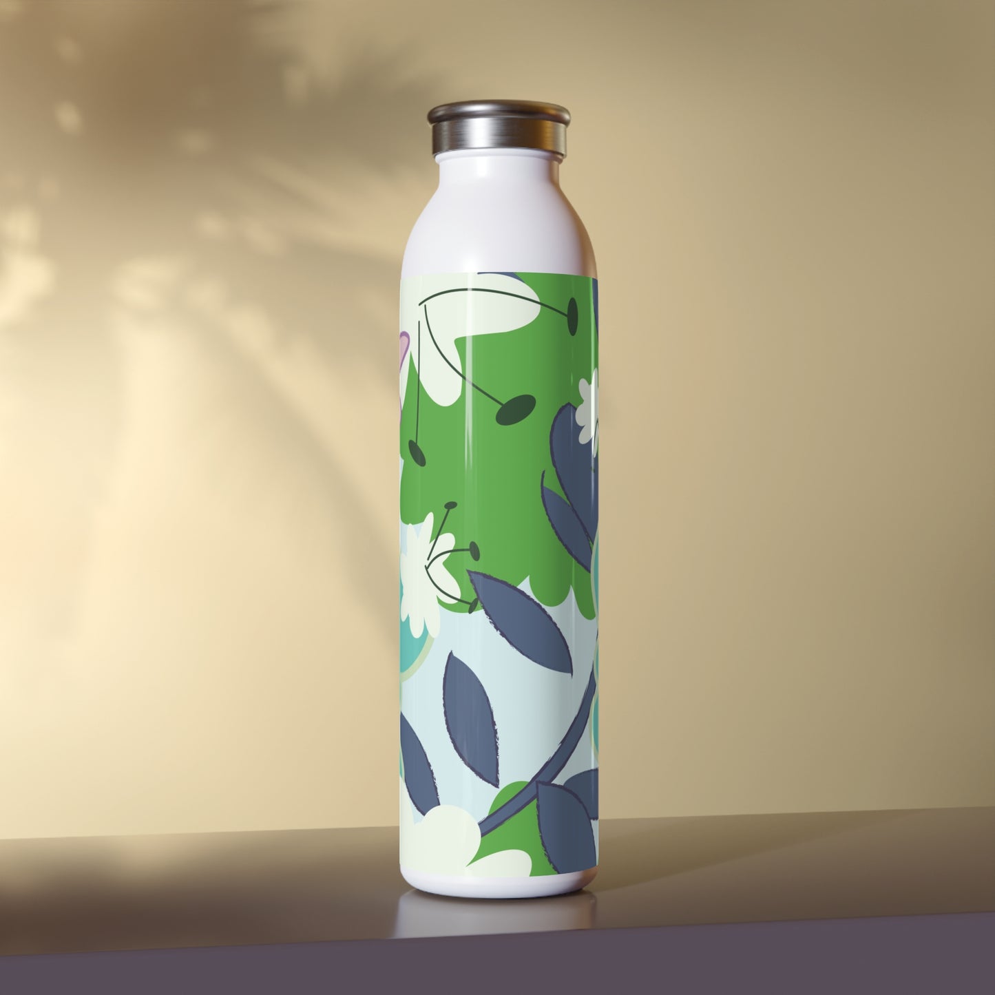 Mid Mod Floral in Blue and Green Slim Water Bottle