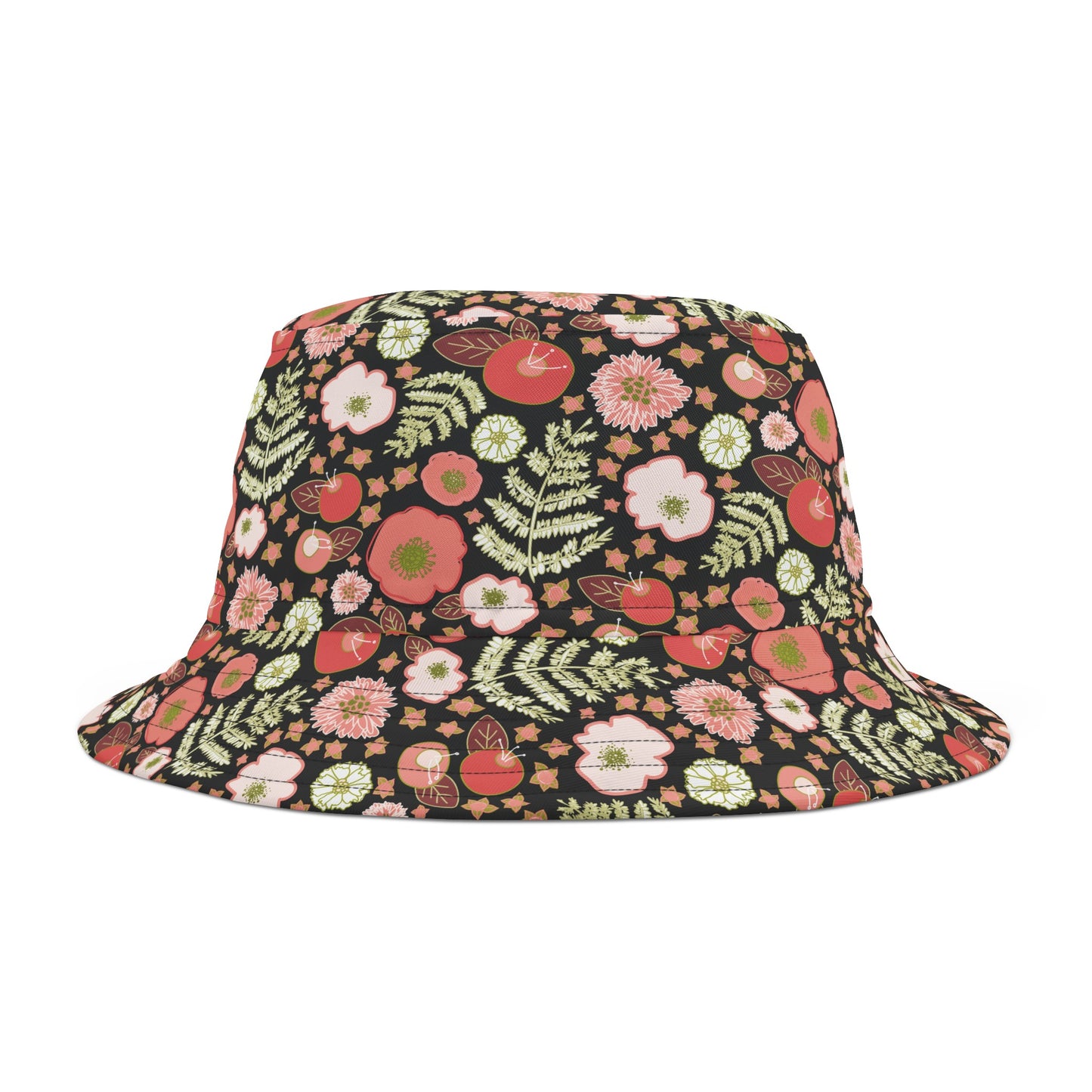 Coral Flowers on Black Bucket Hat