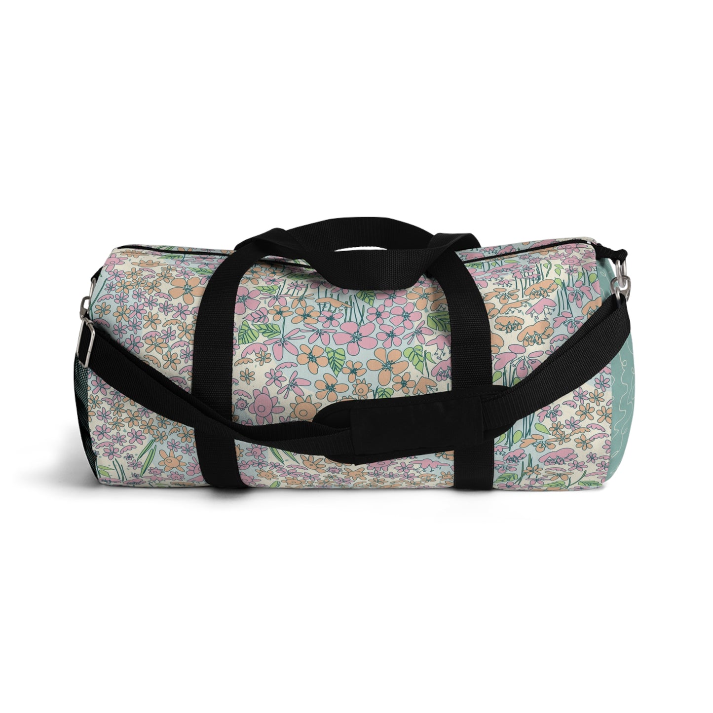 Orange and Pink Flowers on Blue Dot Duffel Bag