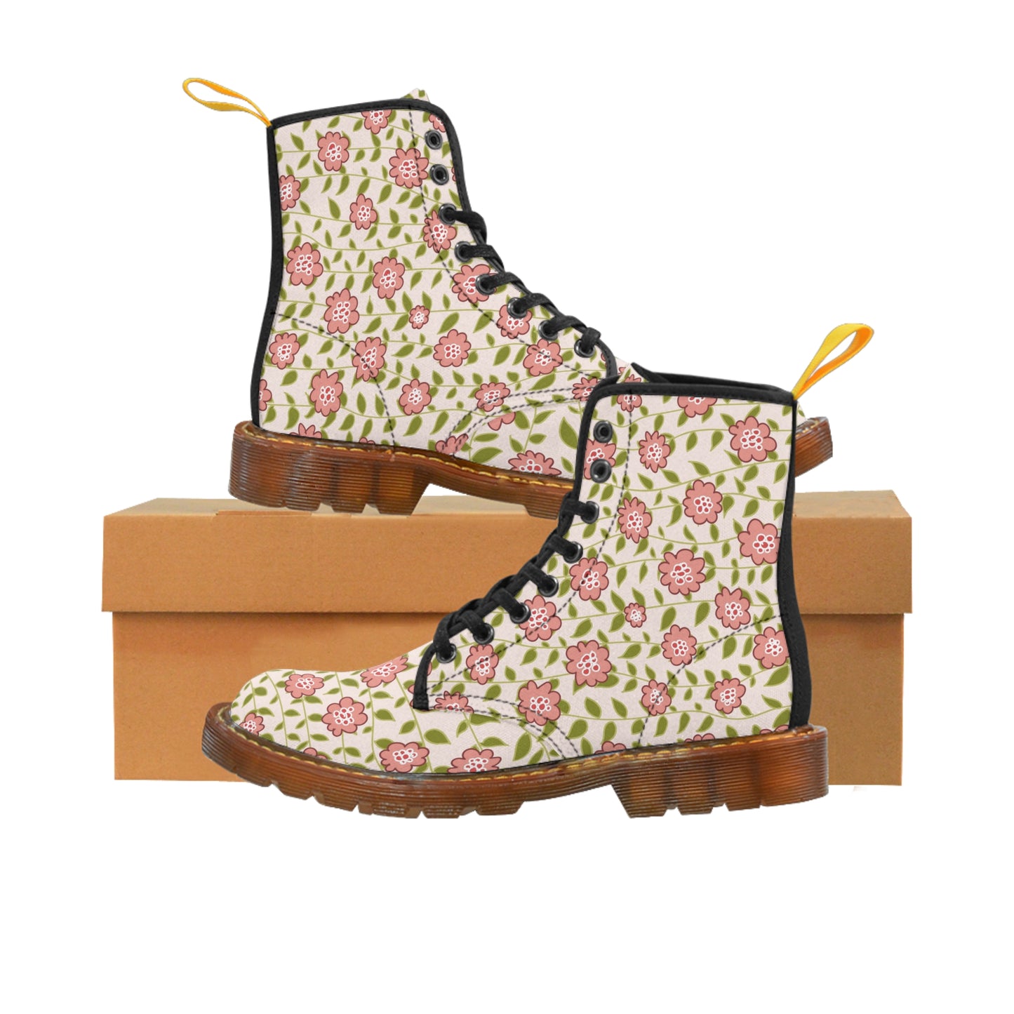 Coral flower vine on Cream Women's Canvas Boots