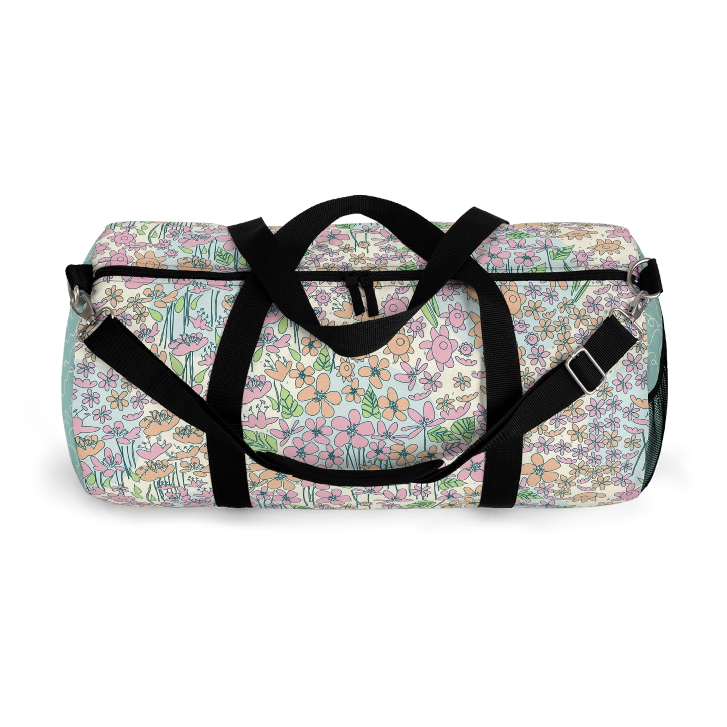 Orange and Pink Flowers on Blue Dot Duffel Bag