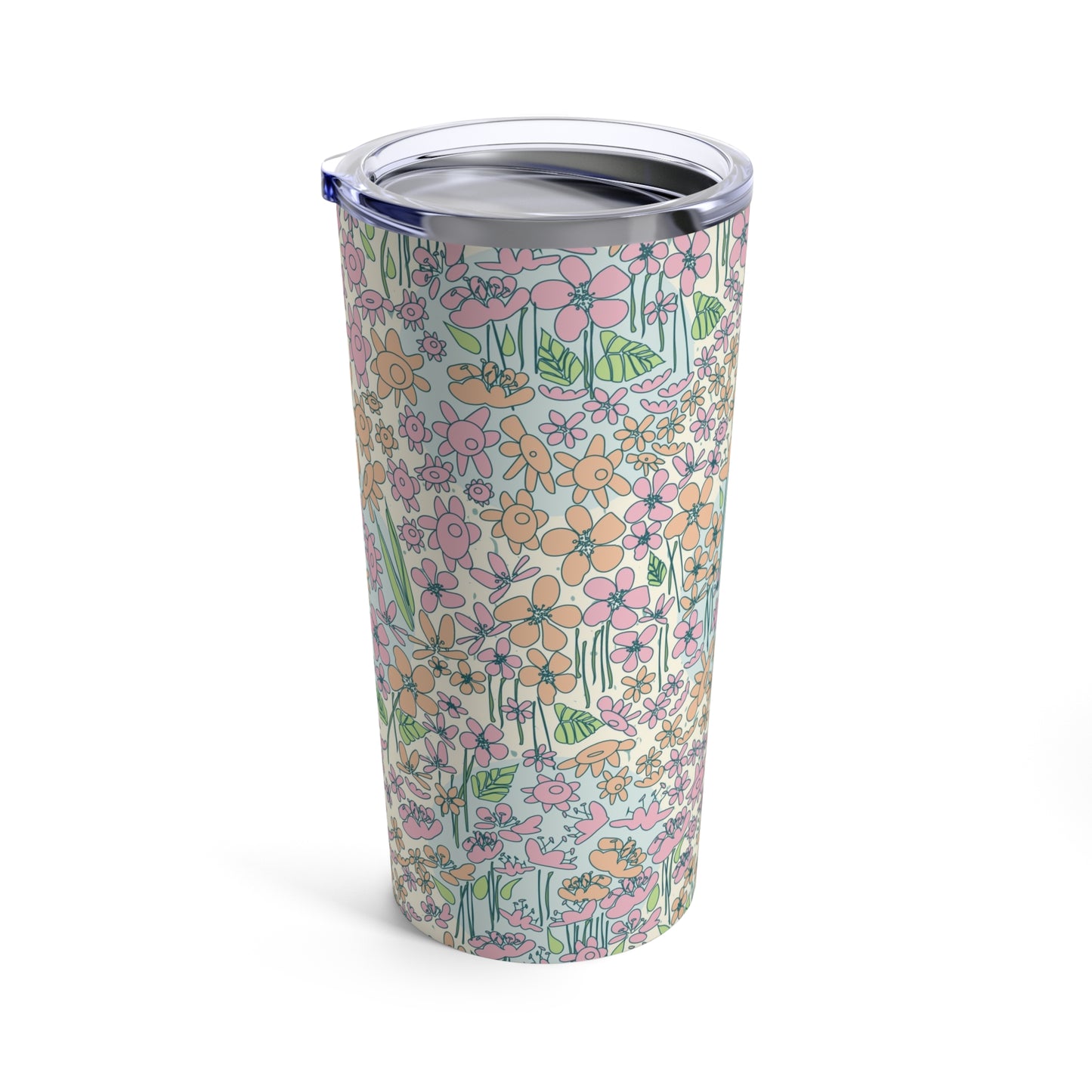 Orange and Pink Flowers on Blue Dot Tumbler 20oz