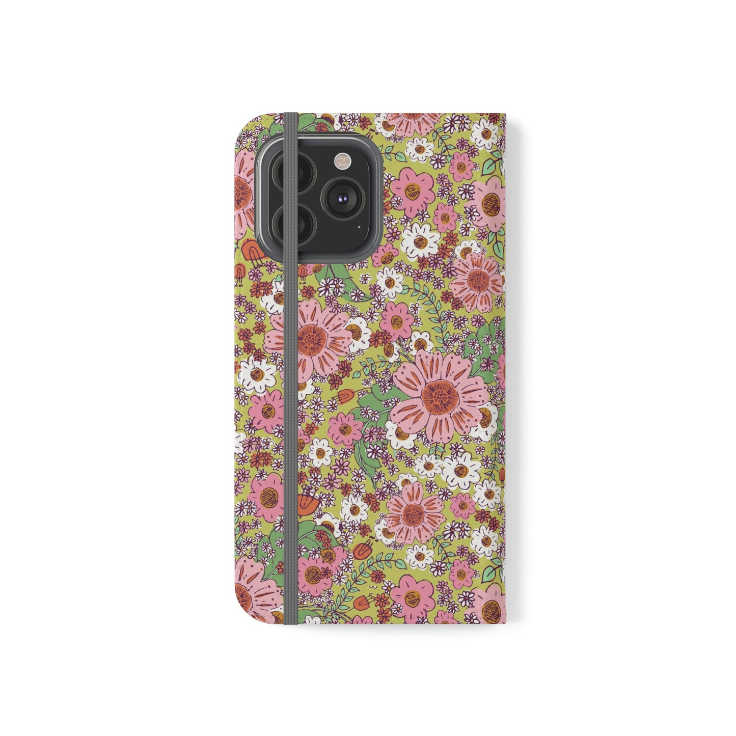 Cheerful Watercolor Flowers on Bright Green Flip Cases for iPhone