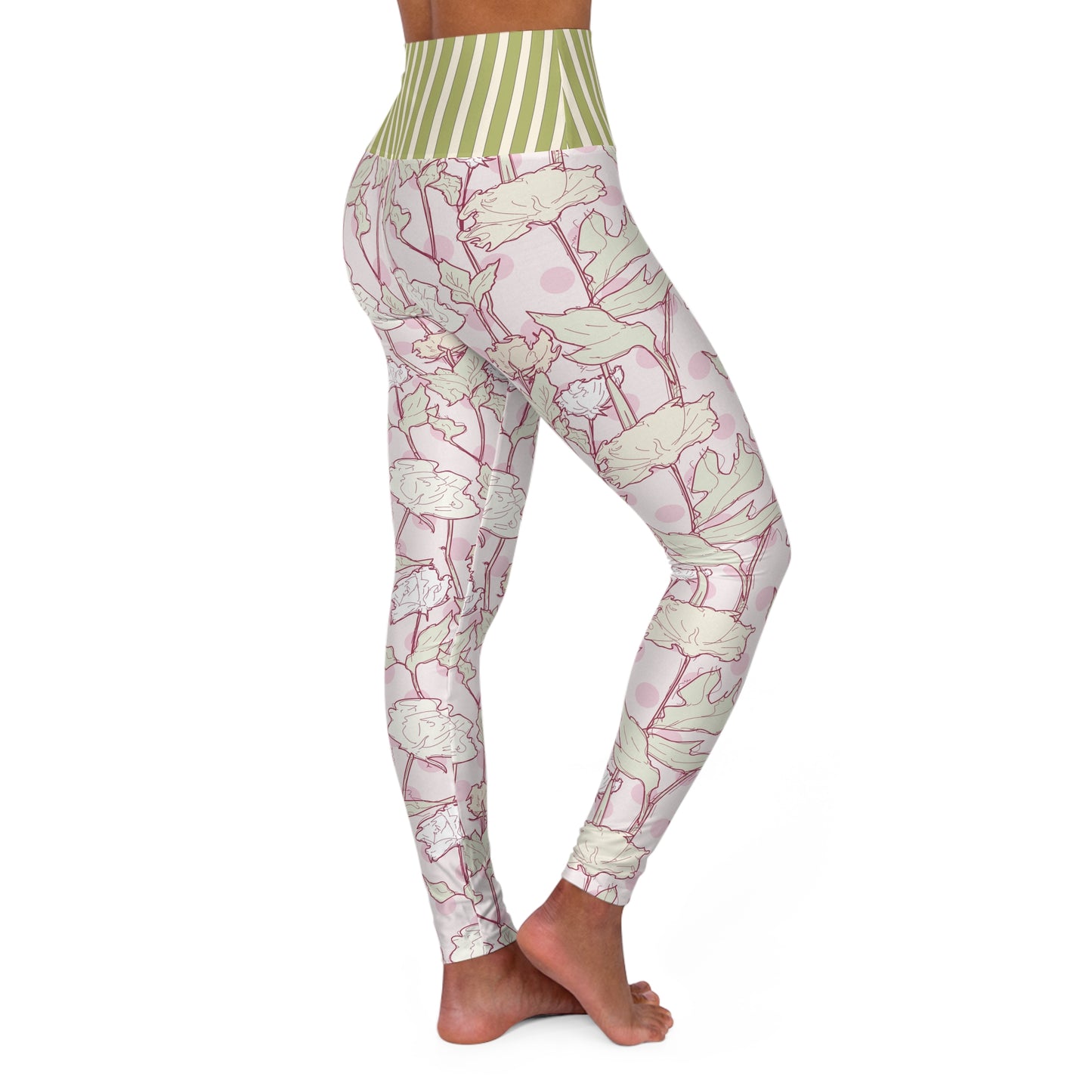 Roses and Dots in Pink High Waisted Yoga Leggings