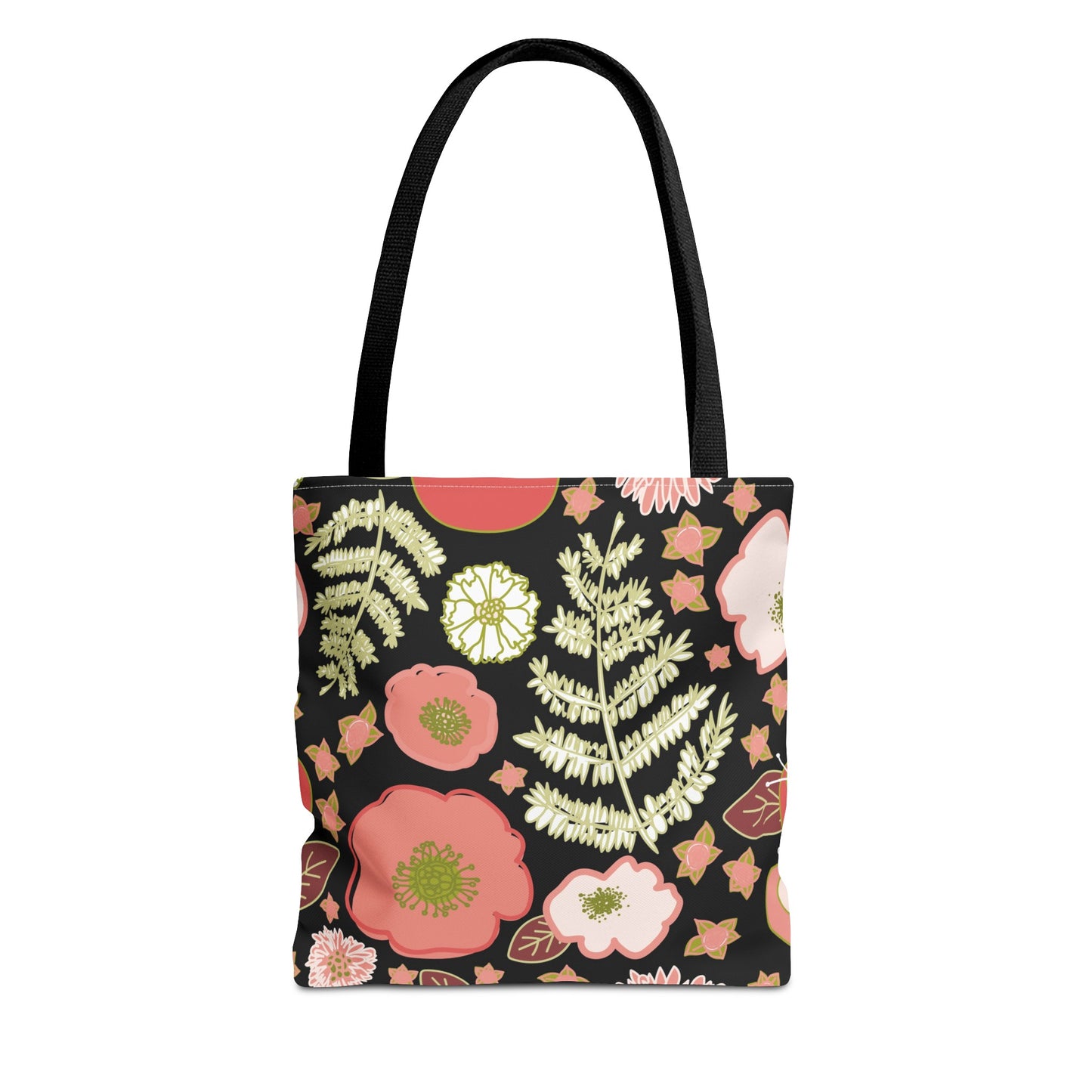 Coral Flowers on Black Tote Bag