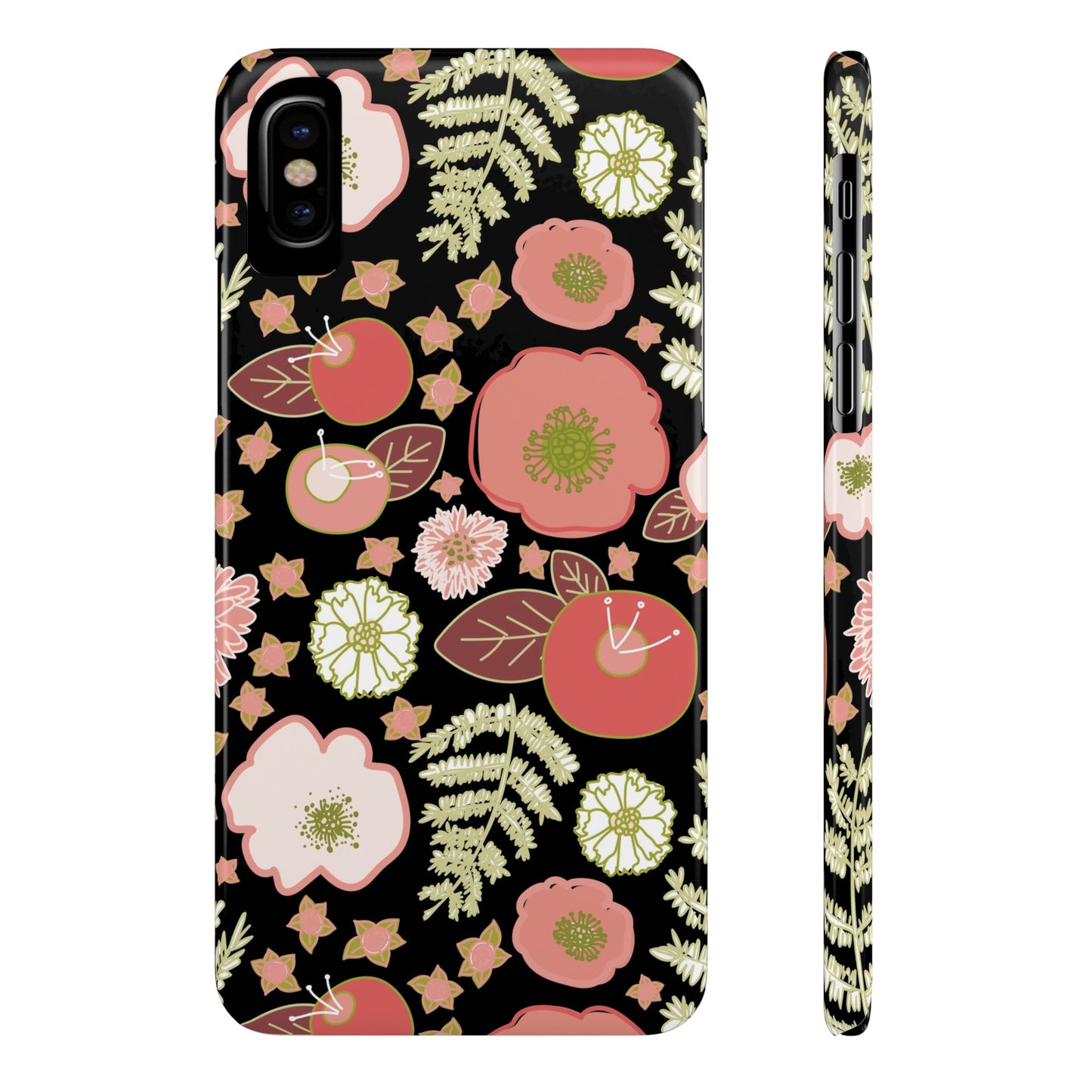 Coral Flowers on Black Slim Phone Cases